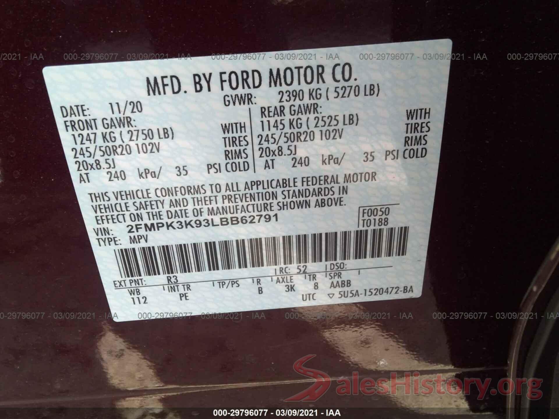 2FMPK3K93LBB62791 2020 FORD EDGE