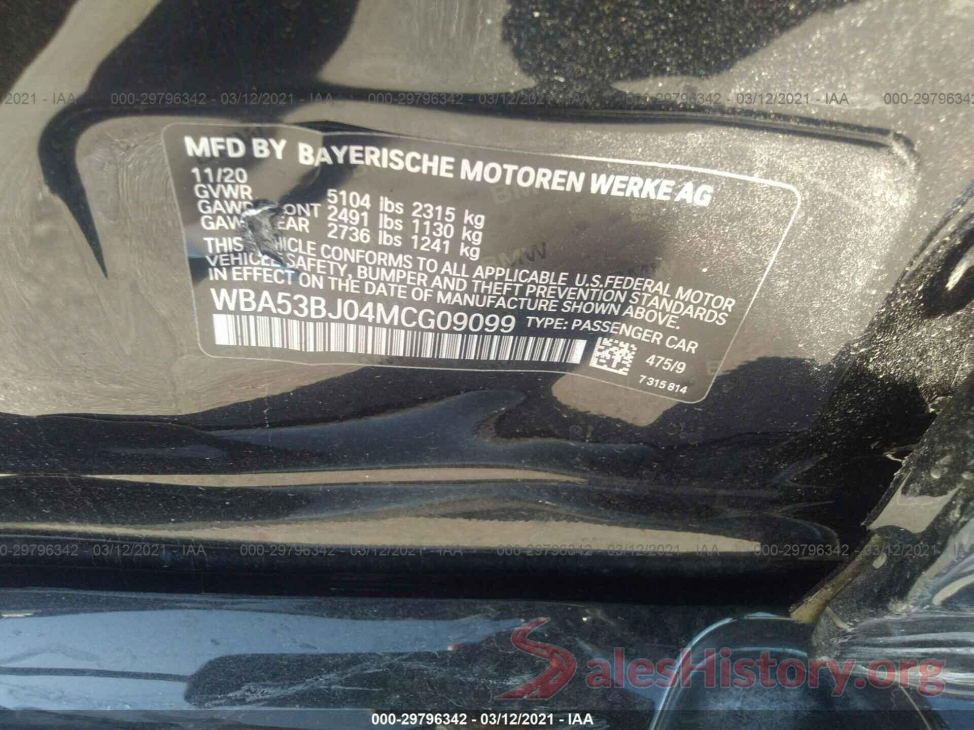 WBA53BJ04MCG09099 2021 BMW 5 SERIES