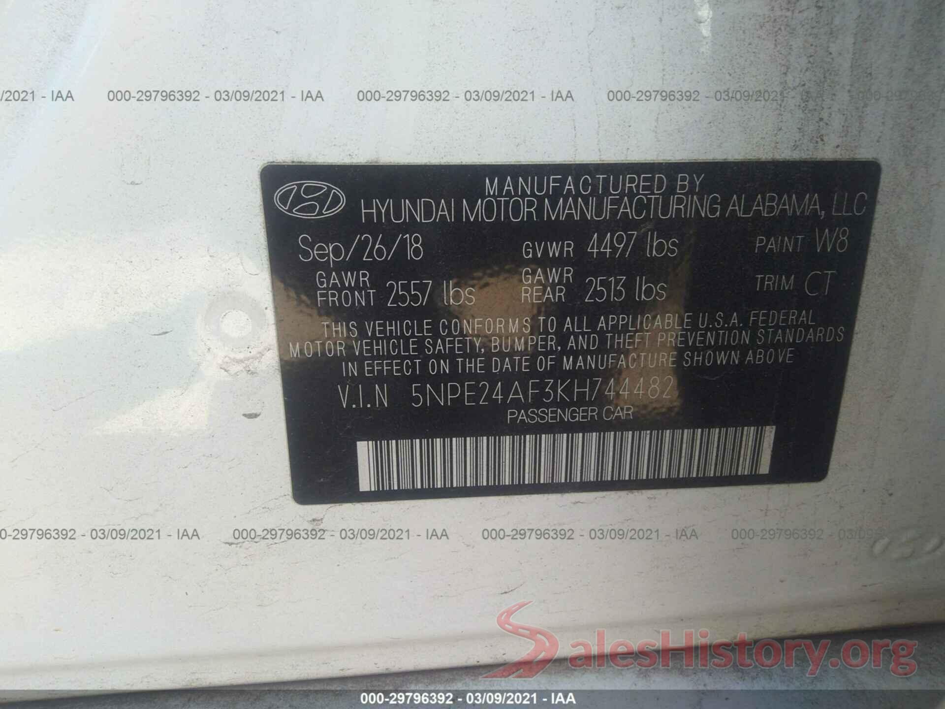 5NPE24AF3KH744482 2019 HYUNDAI SONATA