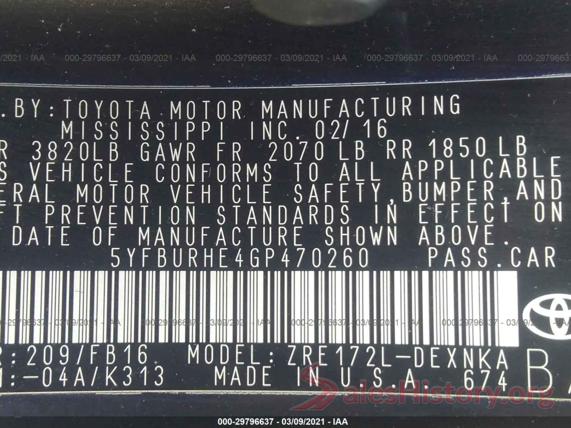 5YFBURHE4GP470260 2016 TOYOTA COROLLA