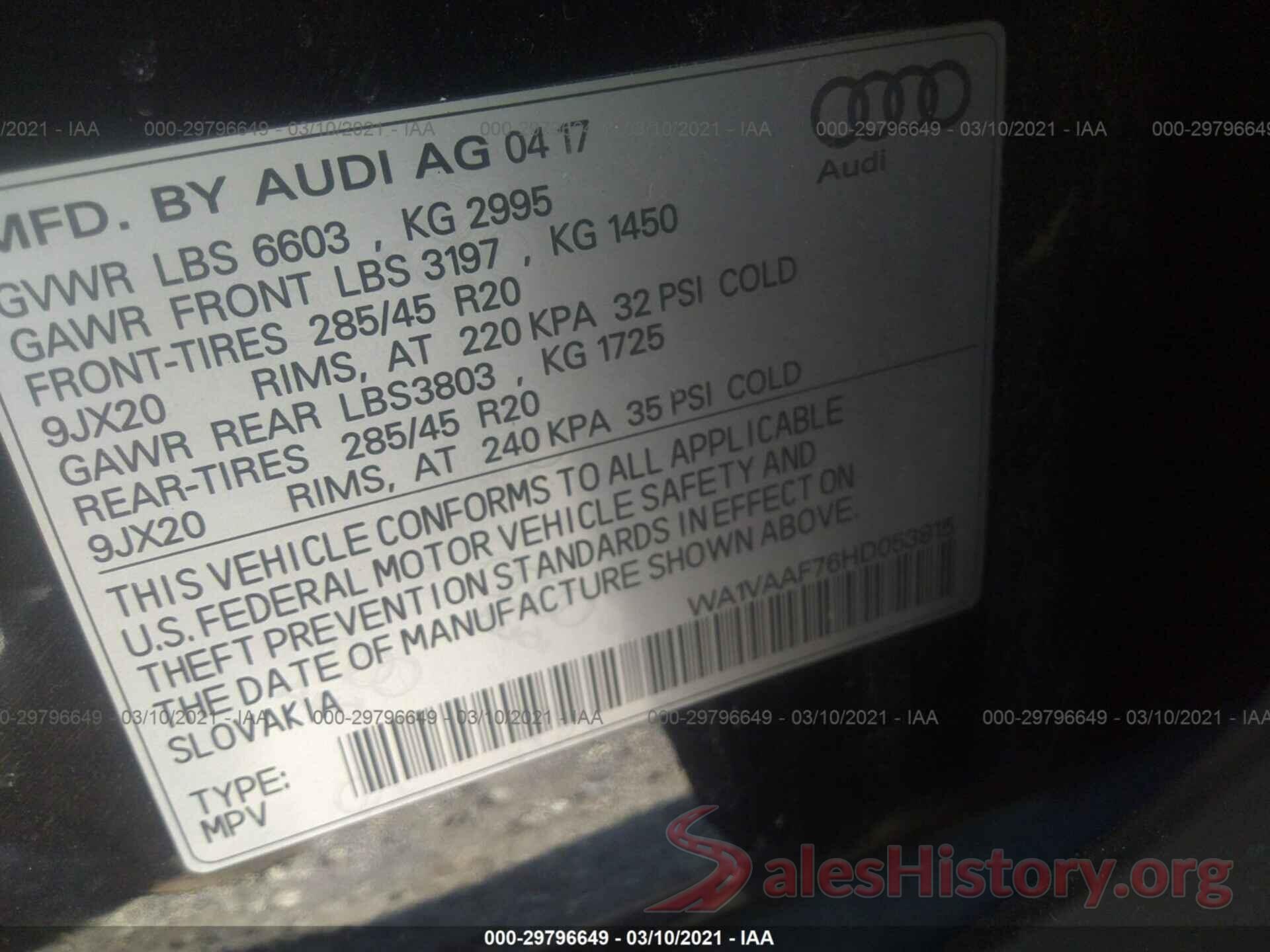 WA1VAAF76HD053815 2017 AUDI Q7