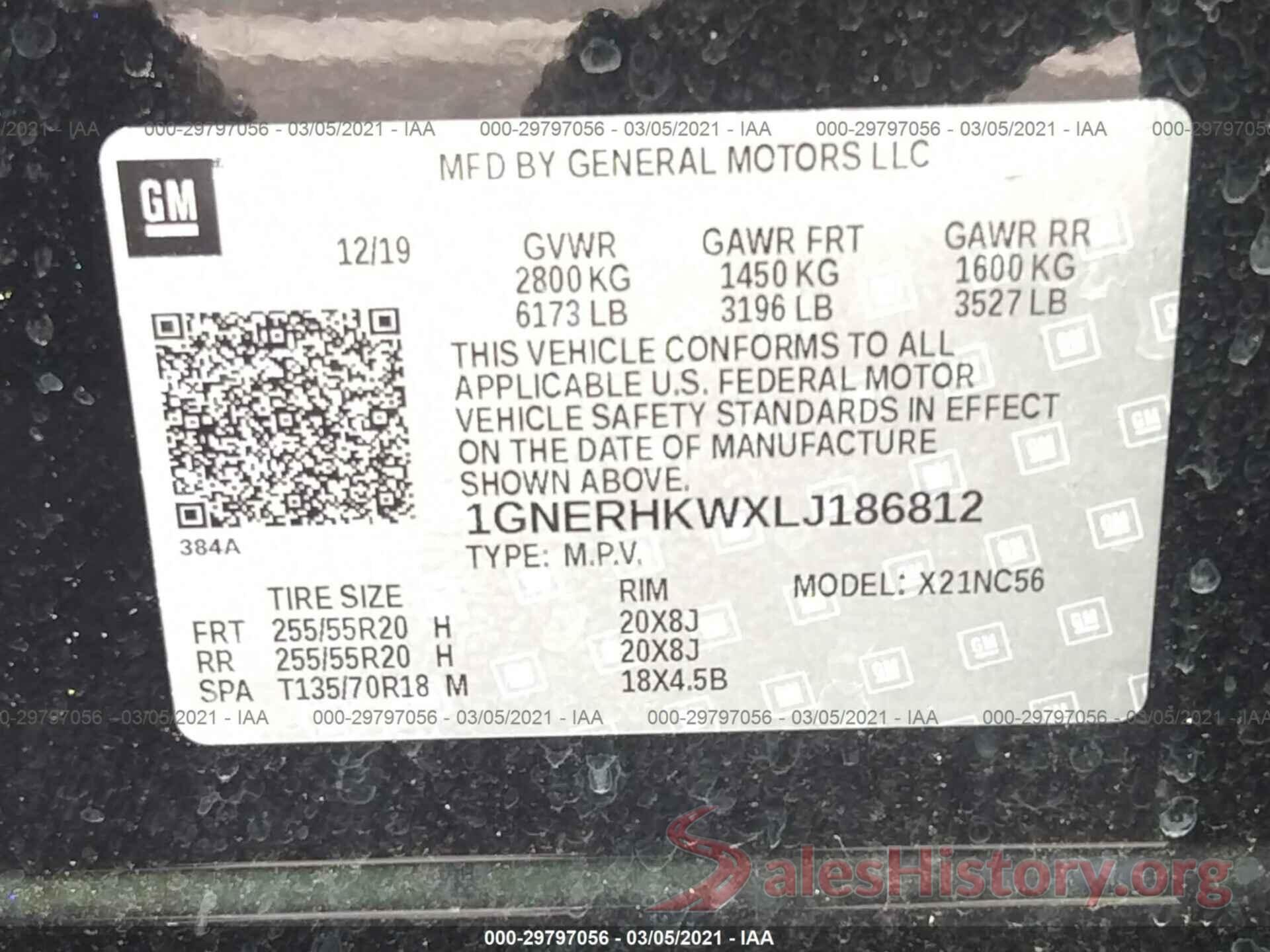 1GNERHKWXLJ186812 2020 CHEVROLET TRAVERSE