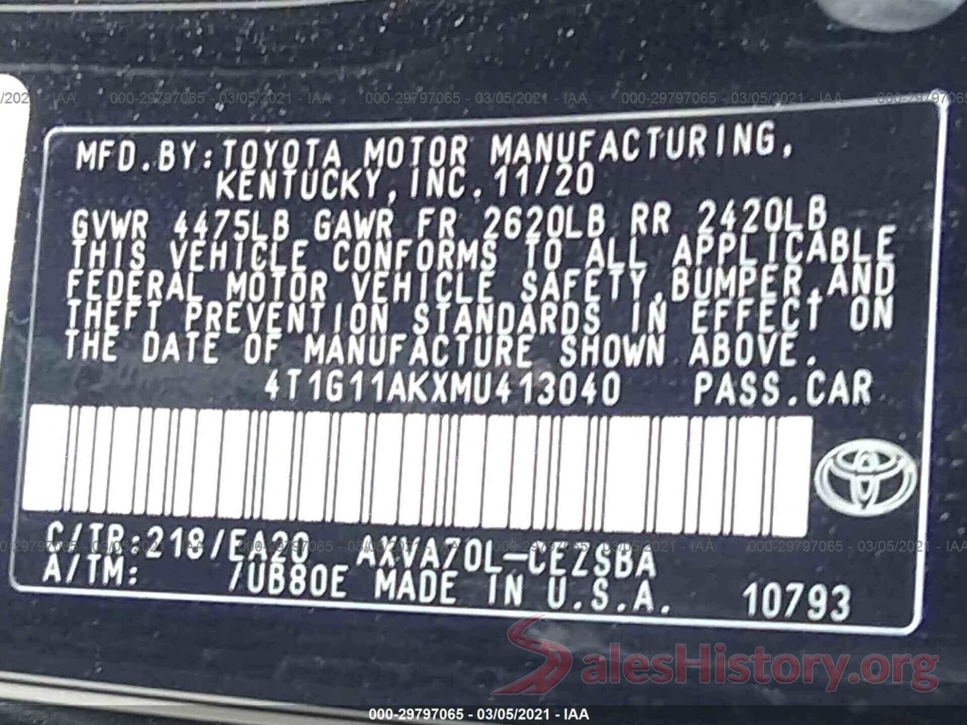 4T1G11AKXMU413040 2021 TOYOTA CAMRY