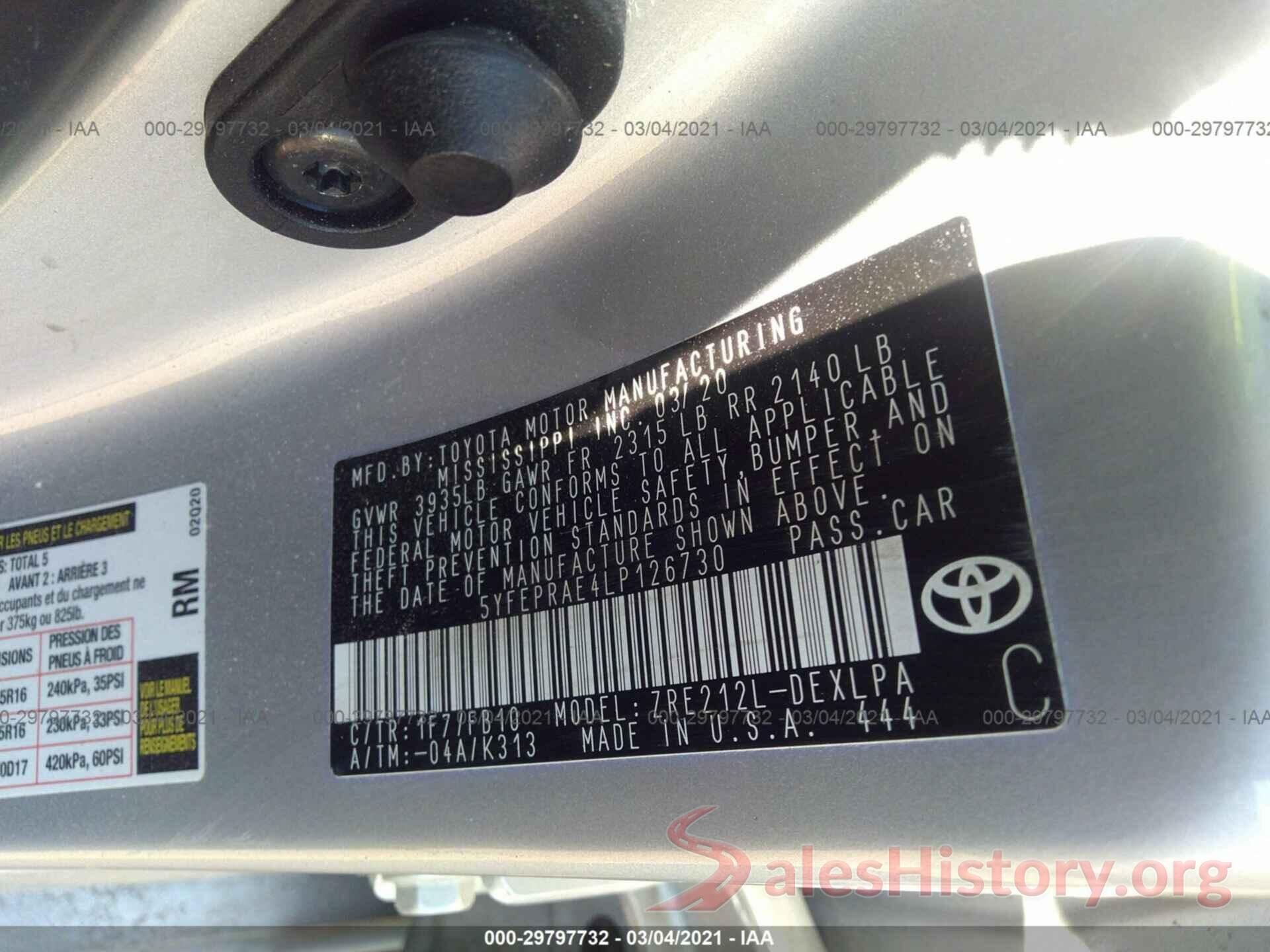 5YFEPRAE4LP126730 2020 TOYOTA COROLLA