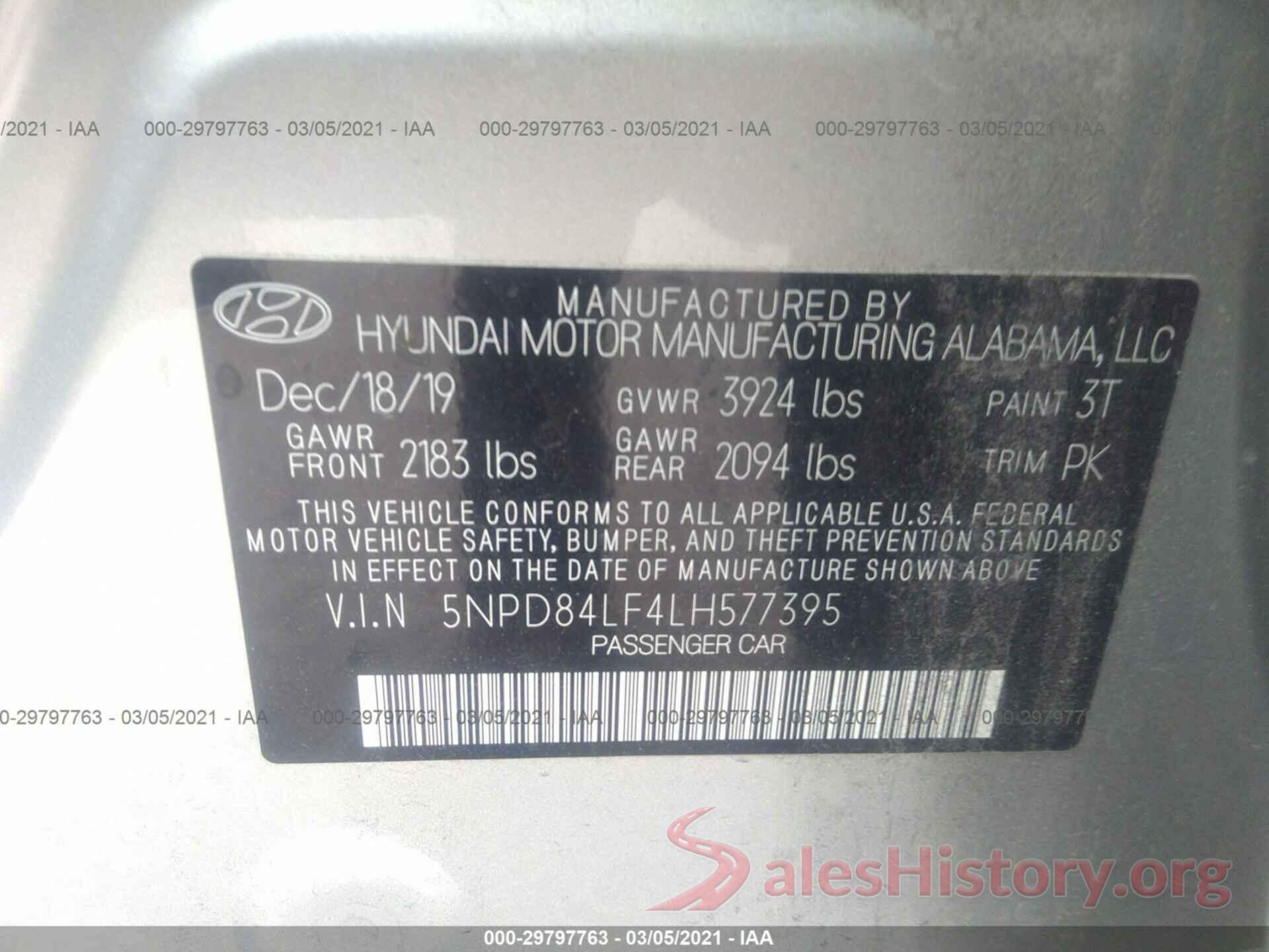 5NPD84LF4LH577395 2020 HYUNDAI ELANTRA