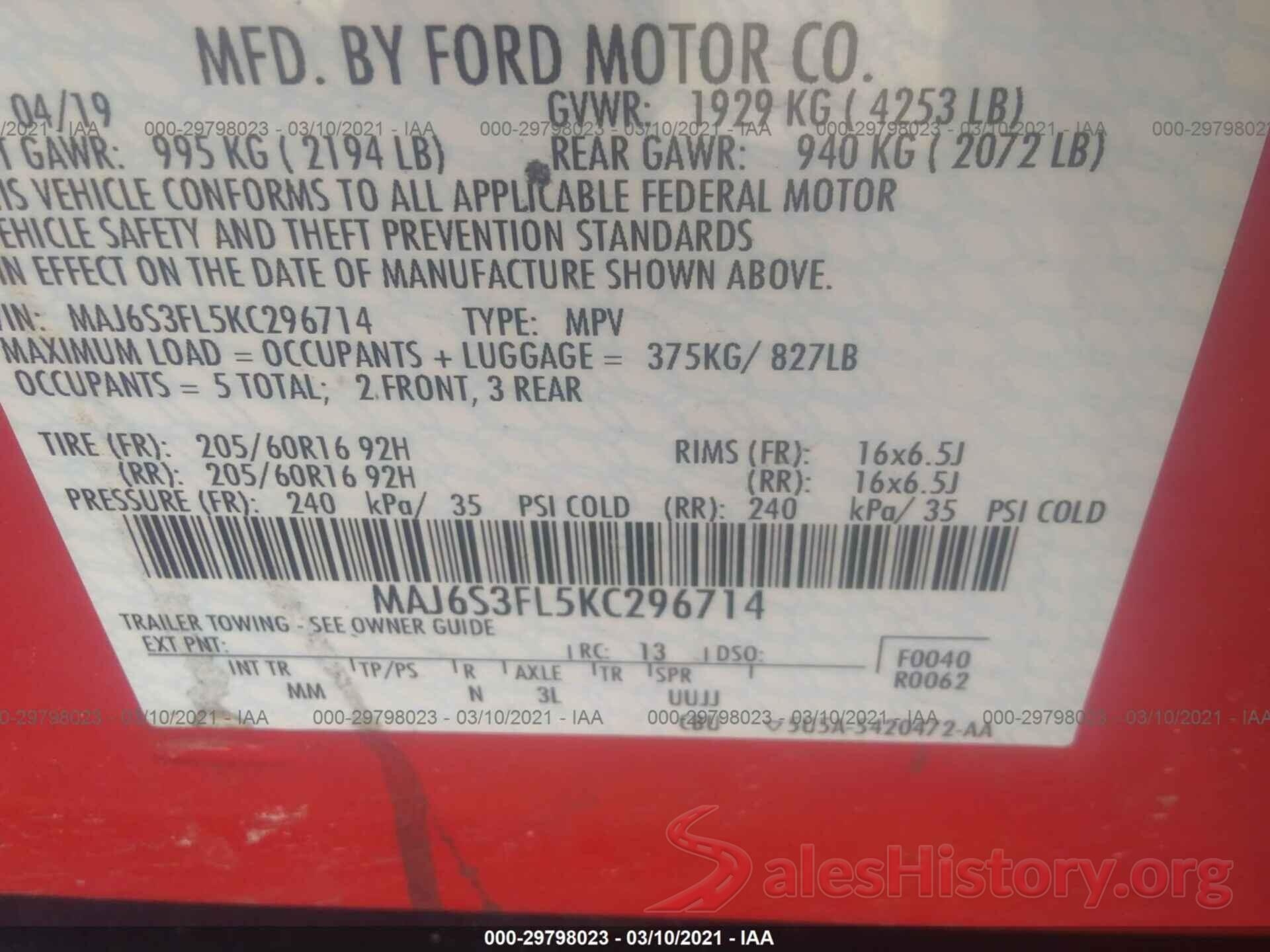 MAJ6S3FL5KC296714 2019 FORD ECOSPORT