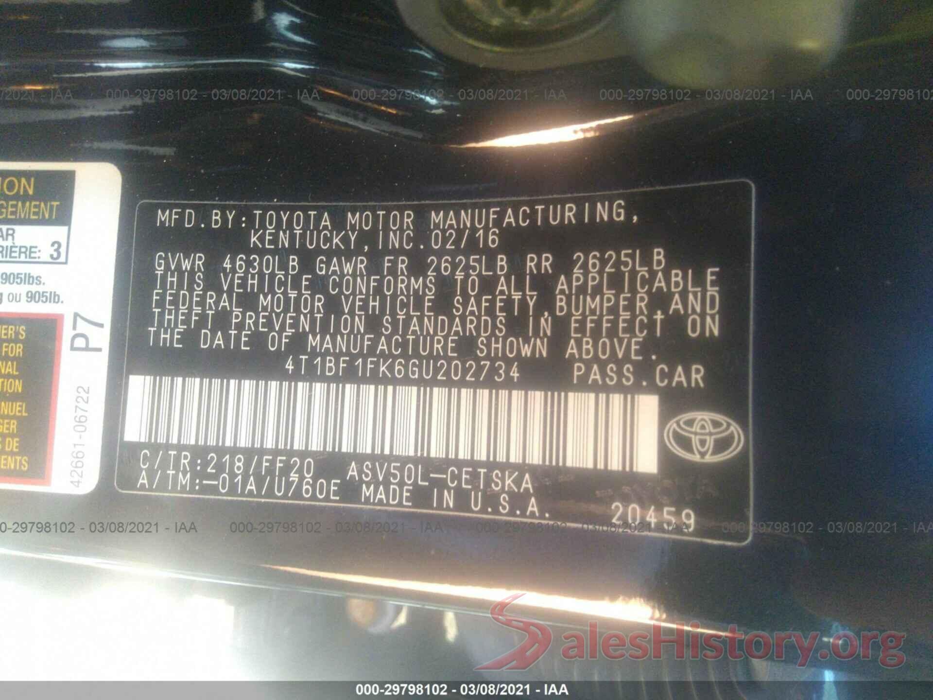 4T1BF1FK6GU202734 2016 TOYOTA CAMRY