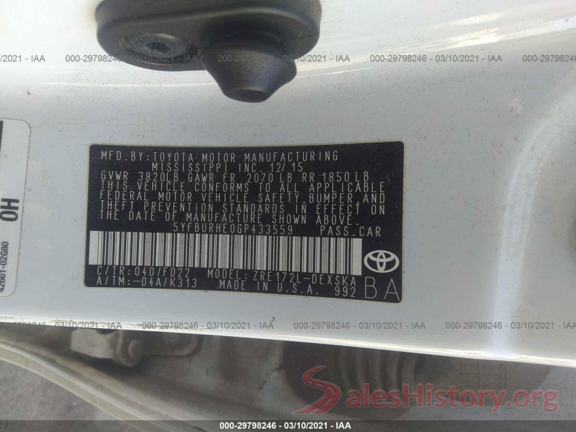 5YFBURHE0GP433559 2016 TOYOTA COROLLA