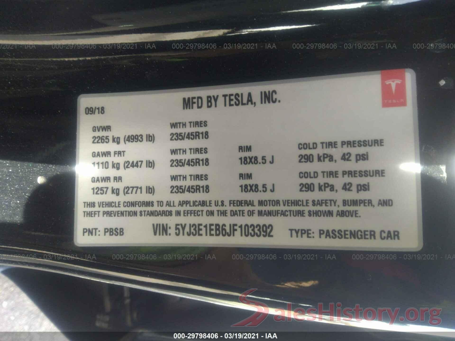 5YJ3E1EB6JF103392 2018 TESLA MODEL 3