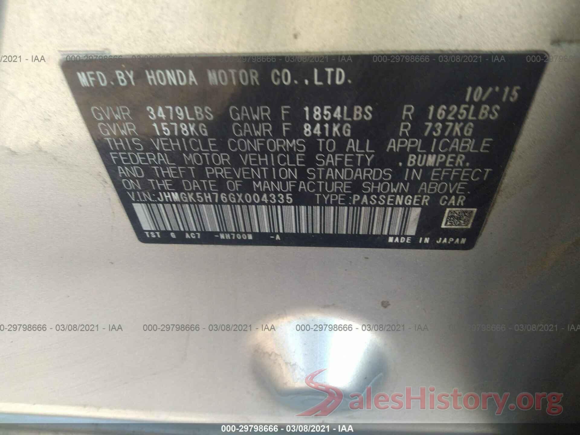 JHMGK5H76GX004335 2016 HONDA FIT