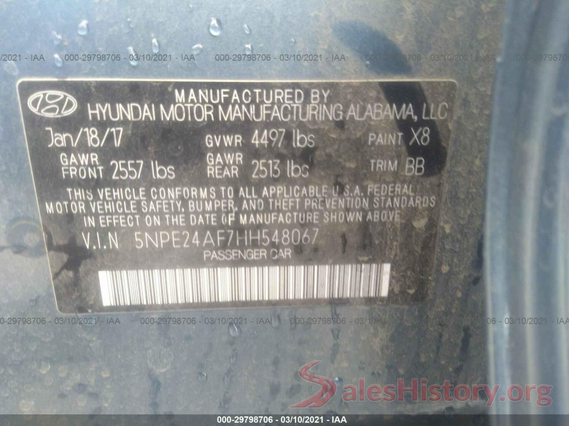 5NPE24AF7HH548067 2017 HYUNDAI SONATA