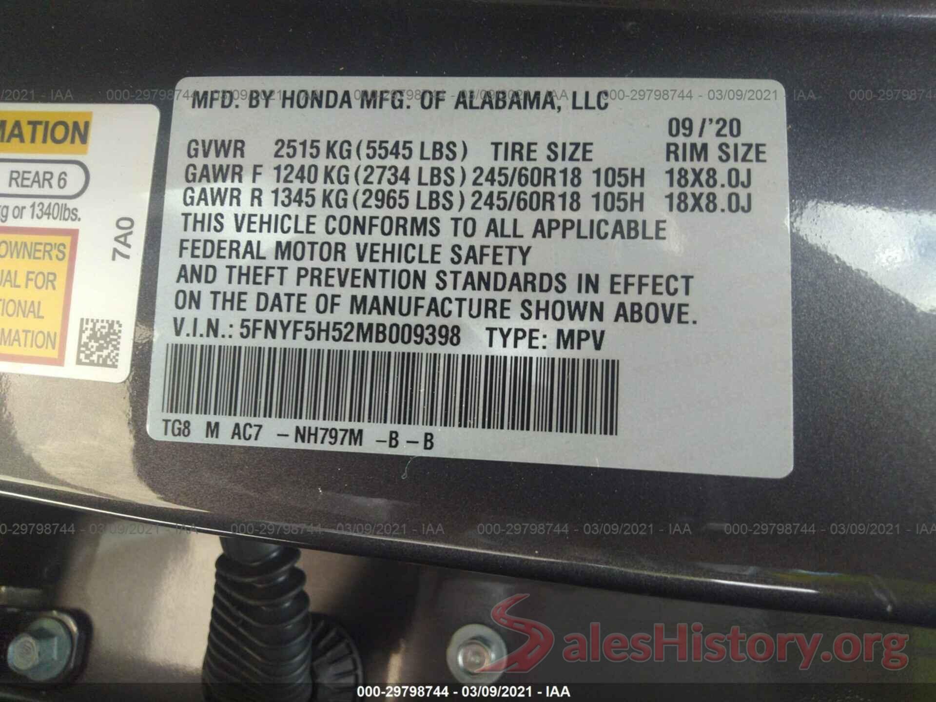 5FNYF5H52MB009398 2021 HONDA PILOT