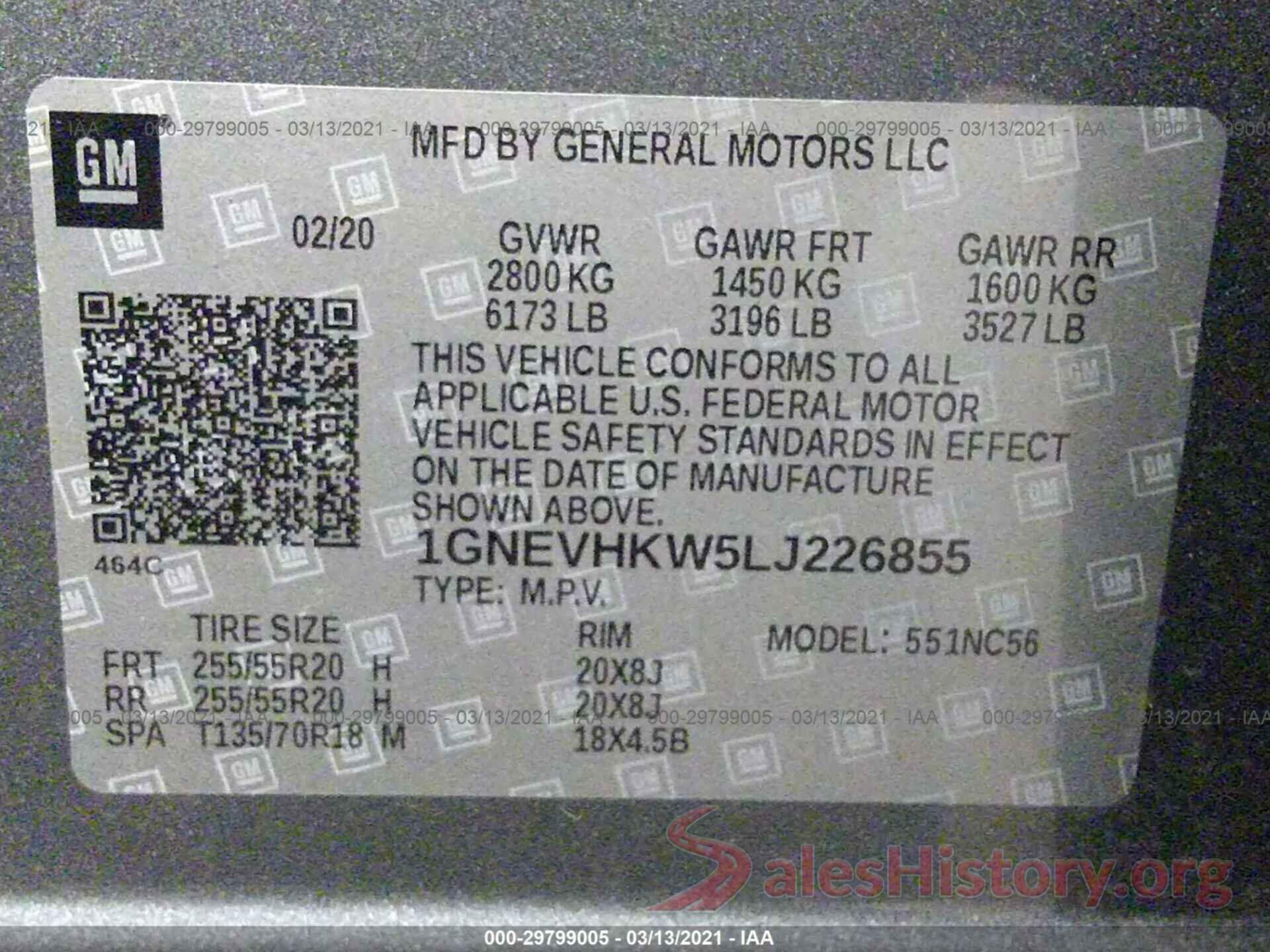 1GNEVHKW5LJ226855 2020 CHEVROLET TRAVERSE