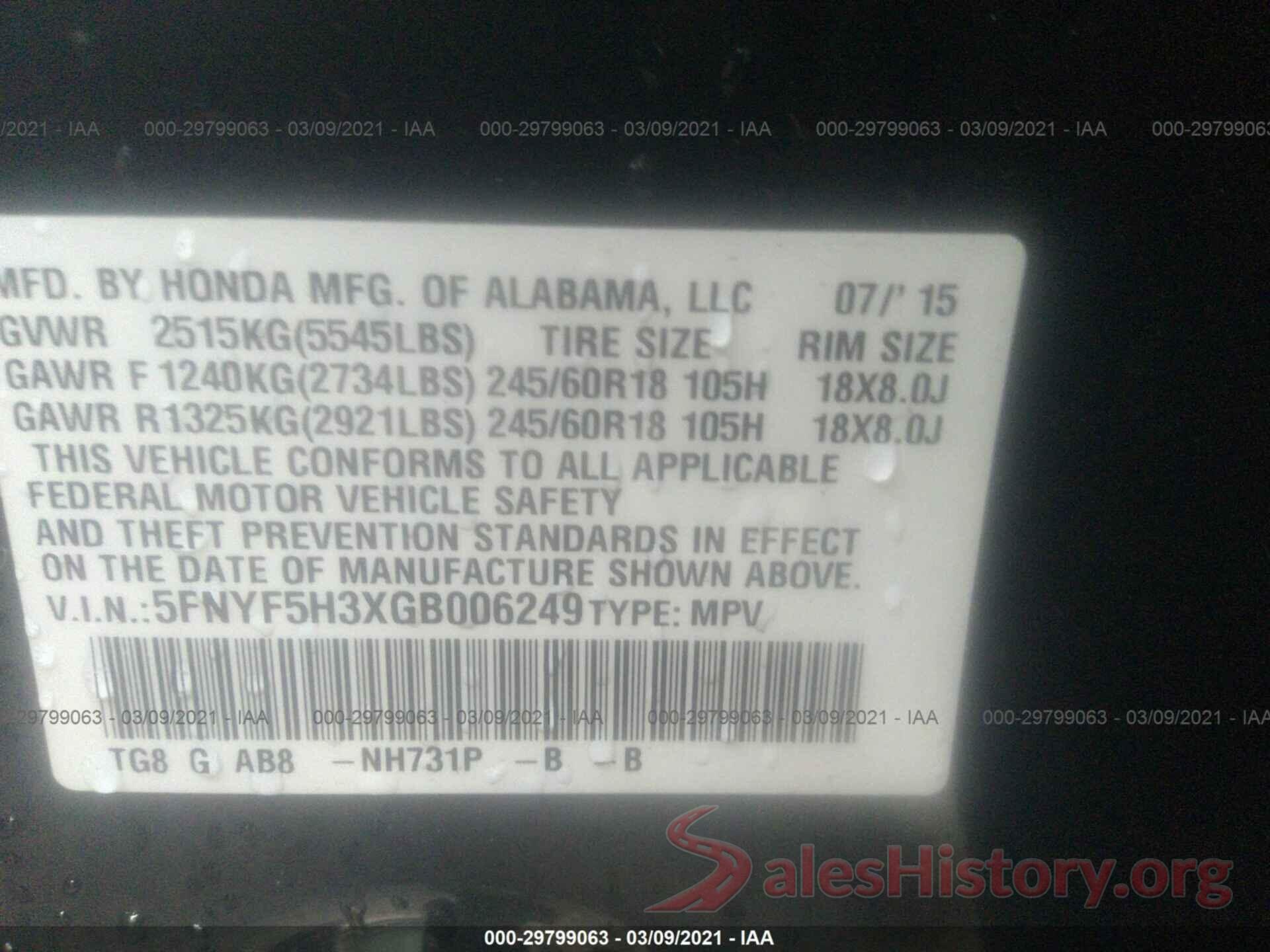 5FNYF5H3XGB006249 2016 HONDA PILOT