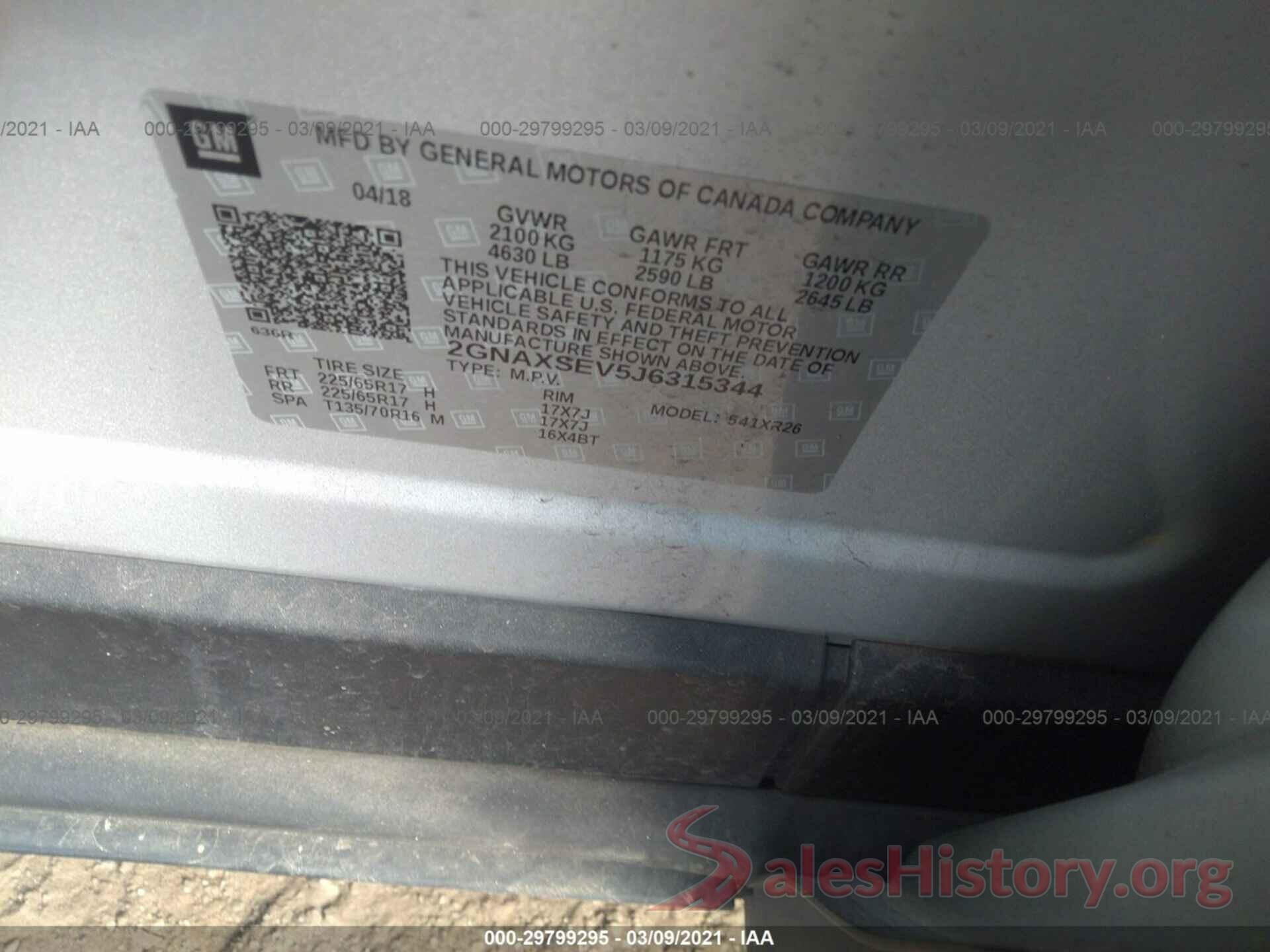 2GNAXSEV5J6315344 2018 CHEVROLET EQUINOX