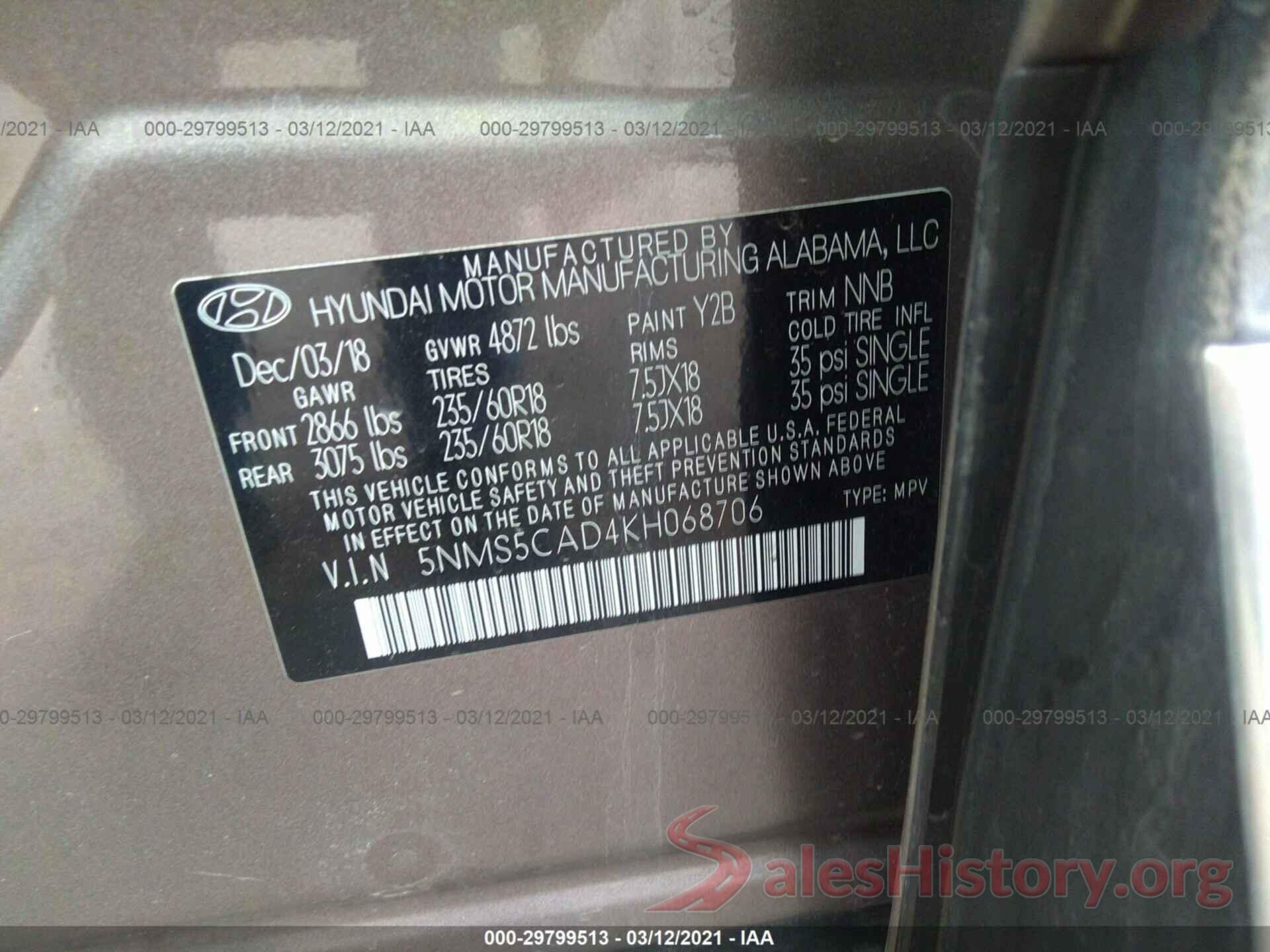 5NMS5CAD4KH068706 2019 HYUNDAI SANTA FE