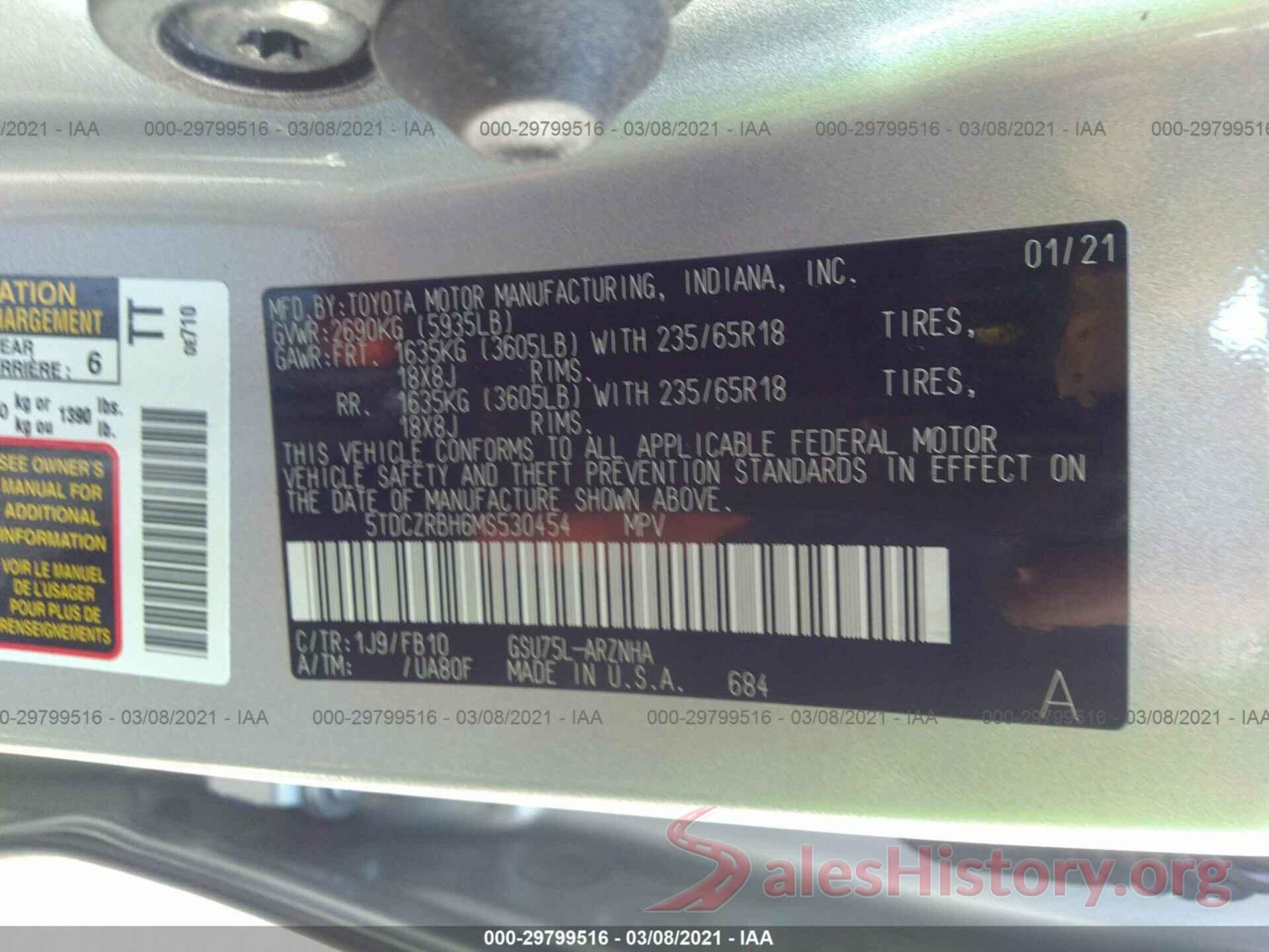 5TDCZRBH6MS530454 2021 TOYOTA HIGHLANDER