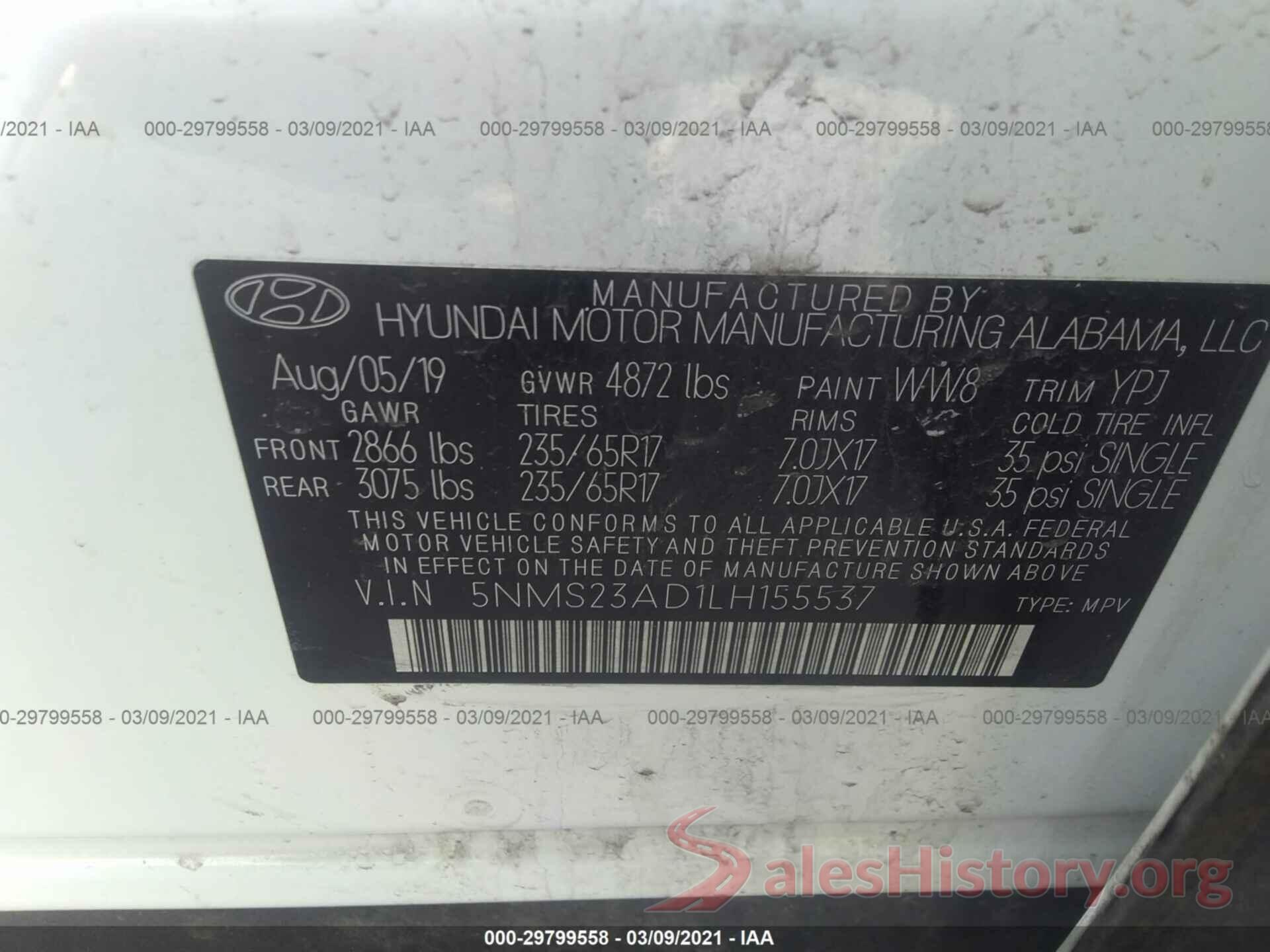 5NMS23AD1LH155537 2020 HYUNDAI SANTA FE