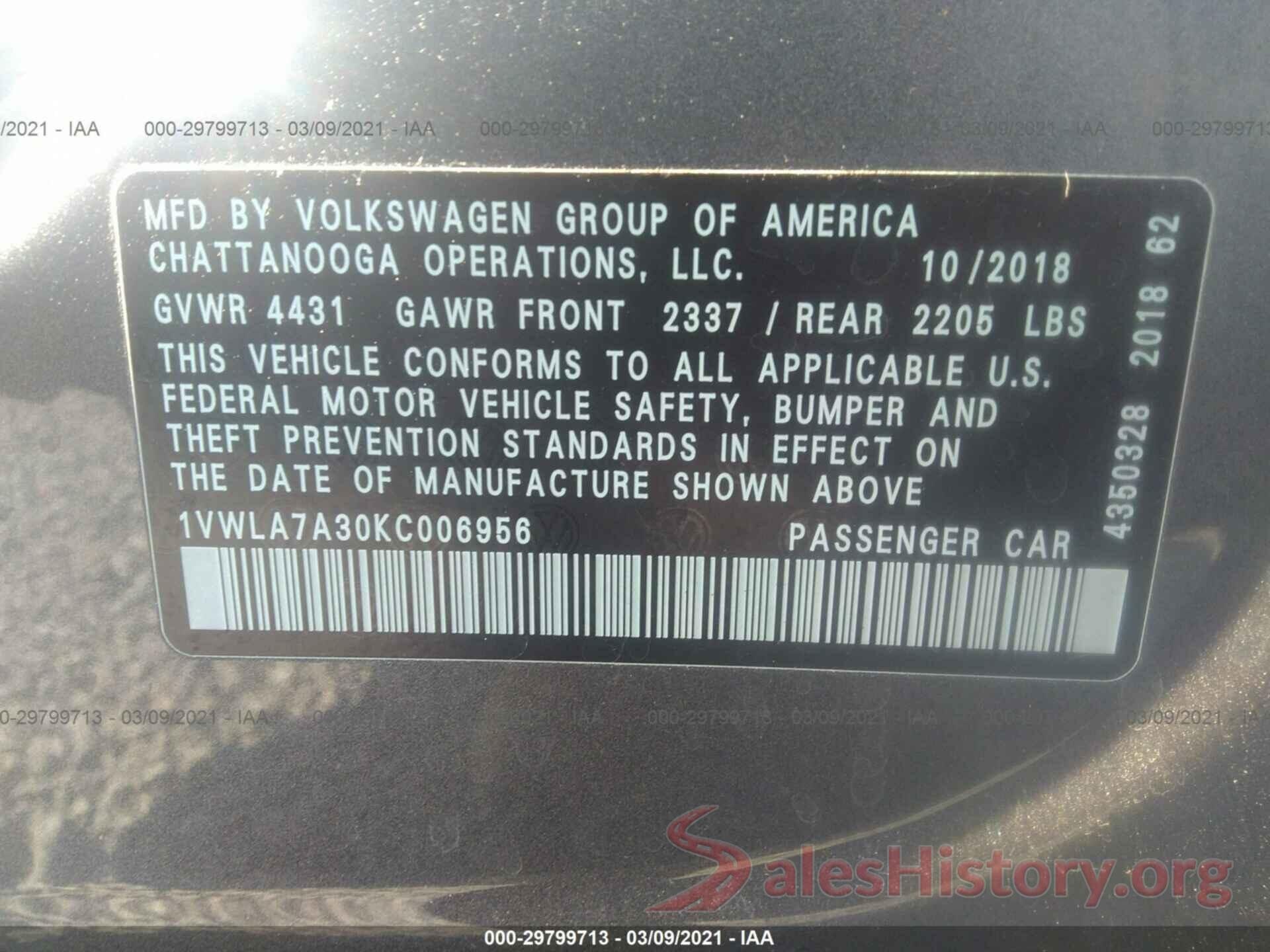 1VWLA7A30KC006956 2019 VOLKSWAGEN PASSAT