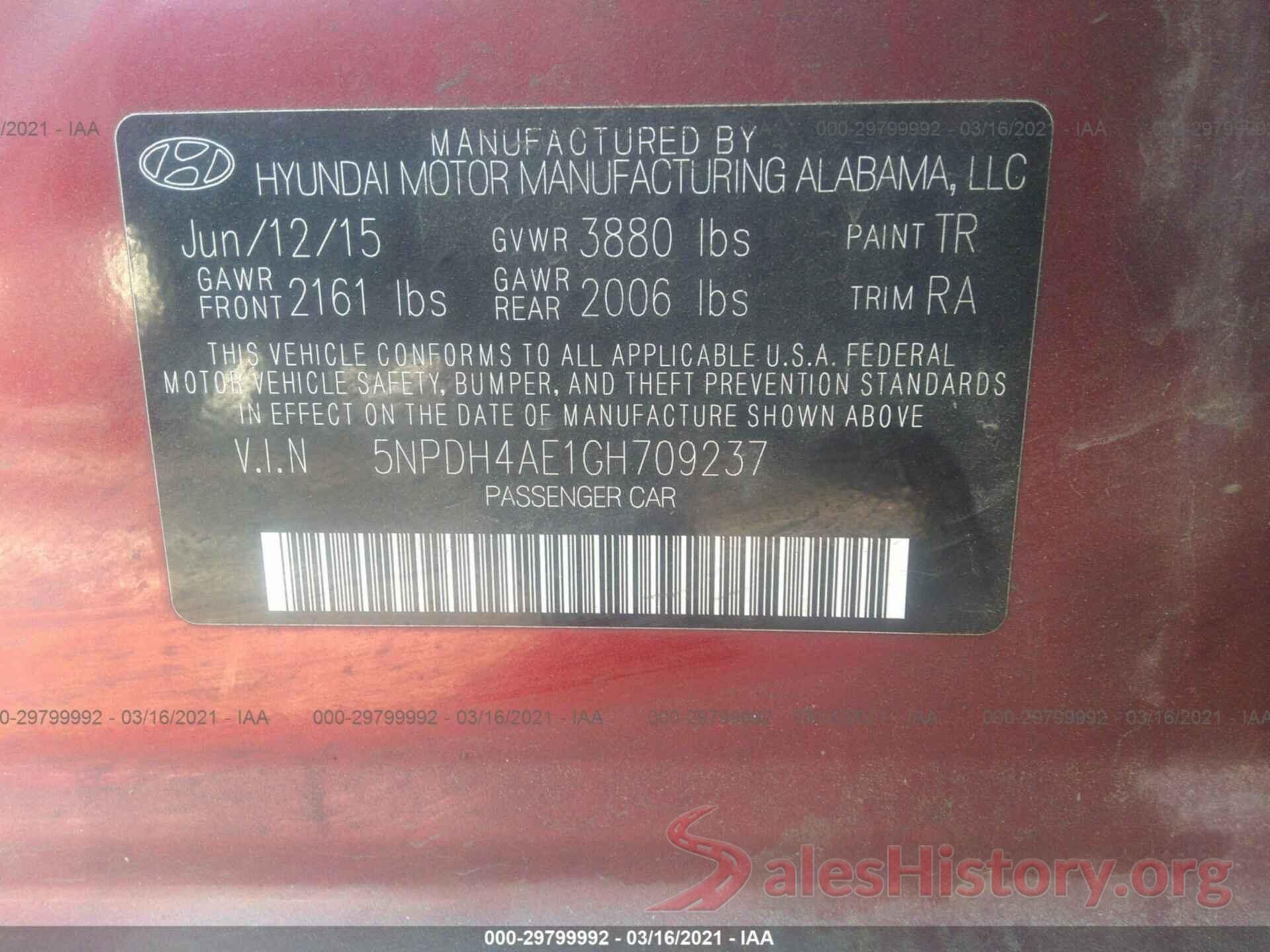 5NPDH4AE1GH709237 2016 HYUNDAI ELANTRA