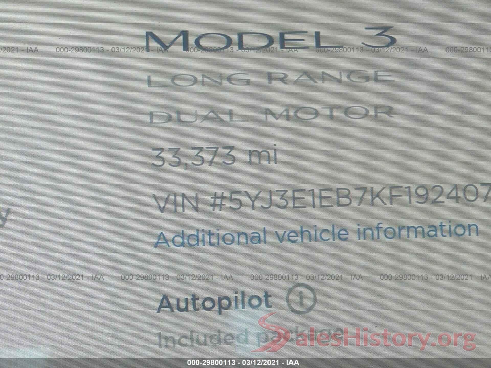 5YJ3E1EB7KF192407 2019 TESLA MODEL 3