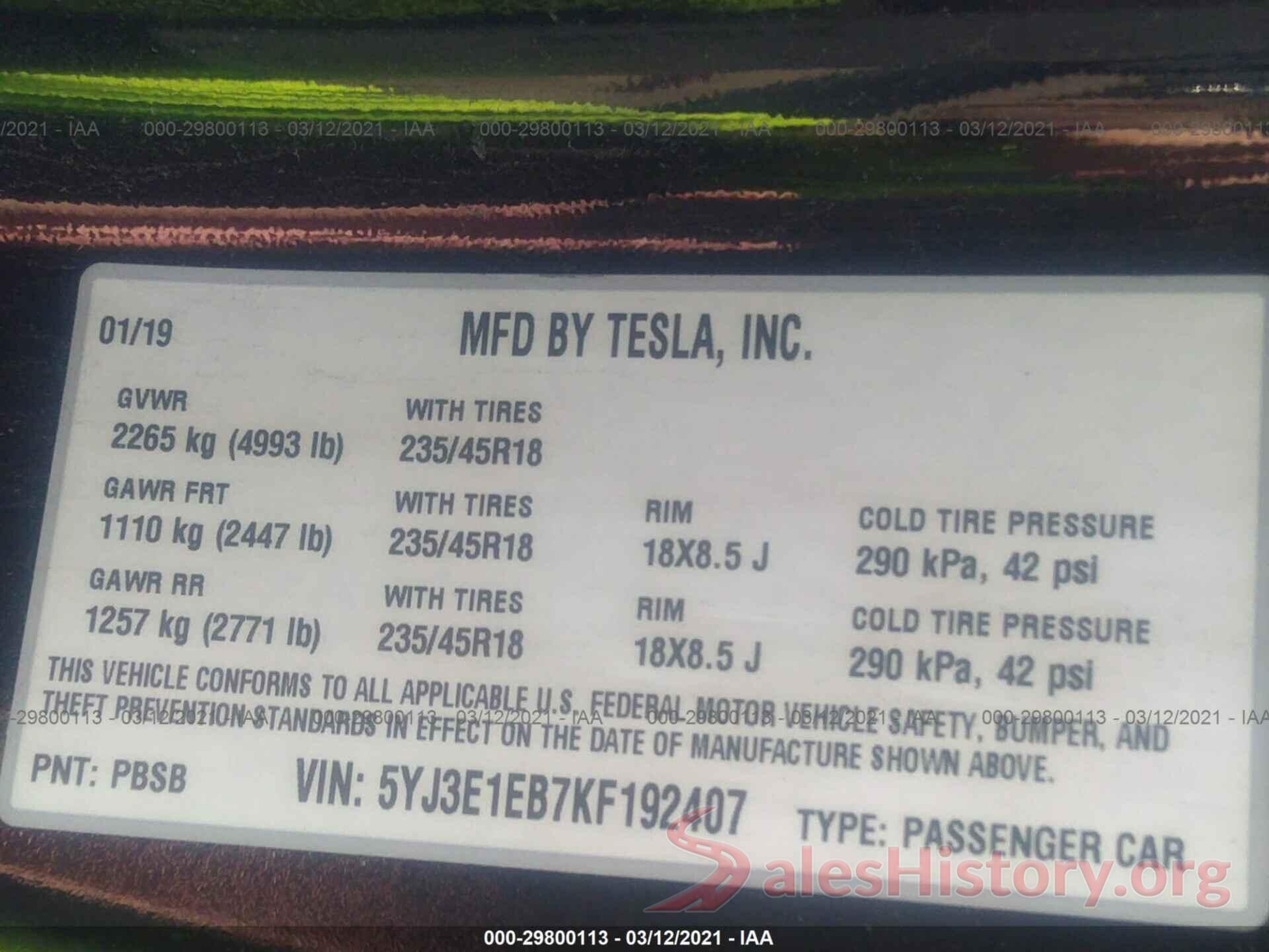 5YJ3E1EB7KF192407 2019 TESLA MODEL 3