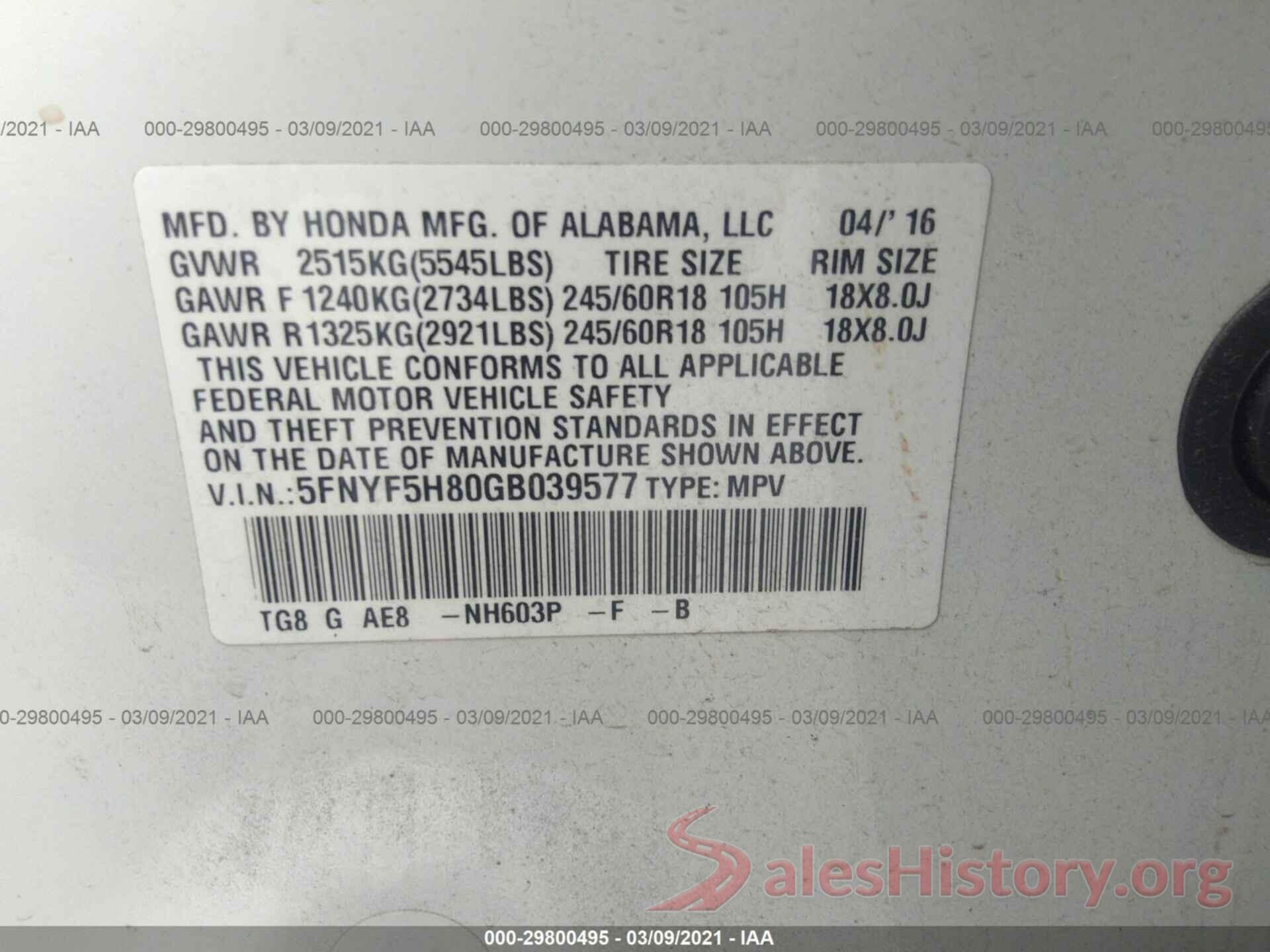 5FNYF5H80GB039577 2016 HONDA PILOT