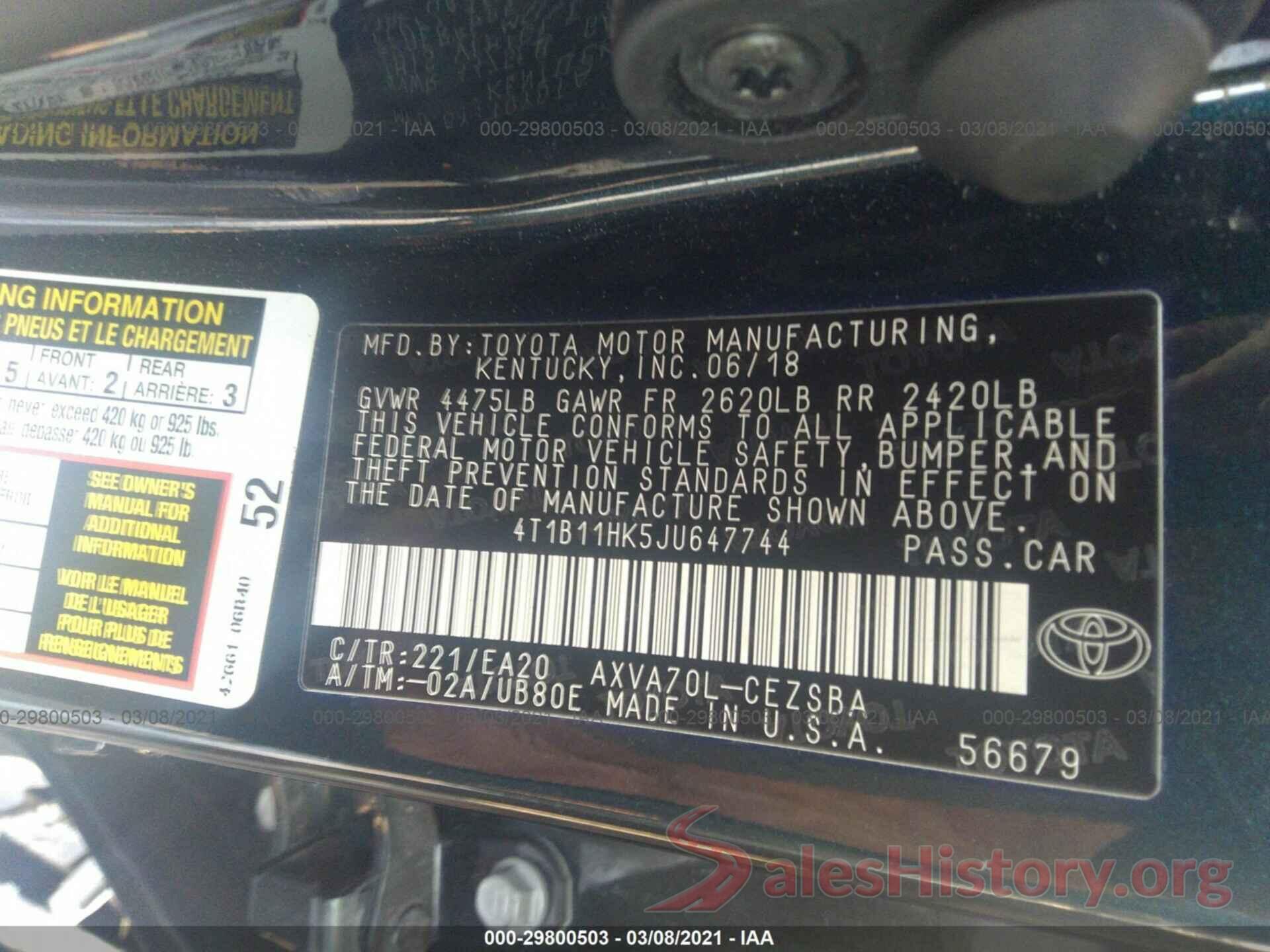 4T1B11HK5JU647744 2018 TOYOTA CAMRY