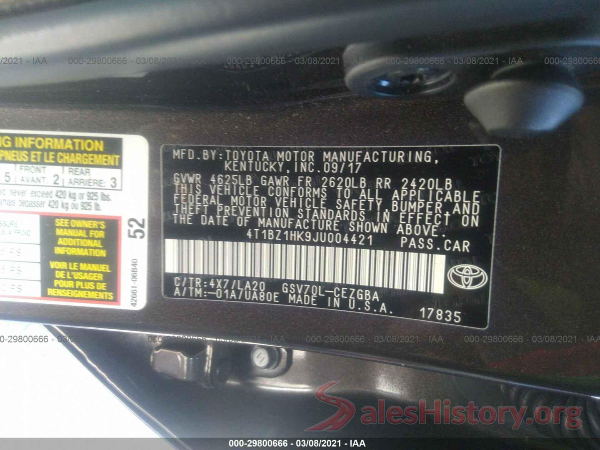 4T1BZ1HK9JU004421 2018 TOYOTA CAMRY