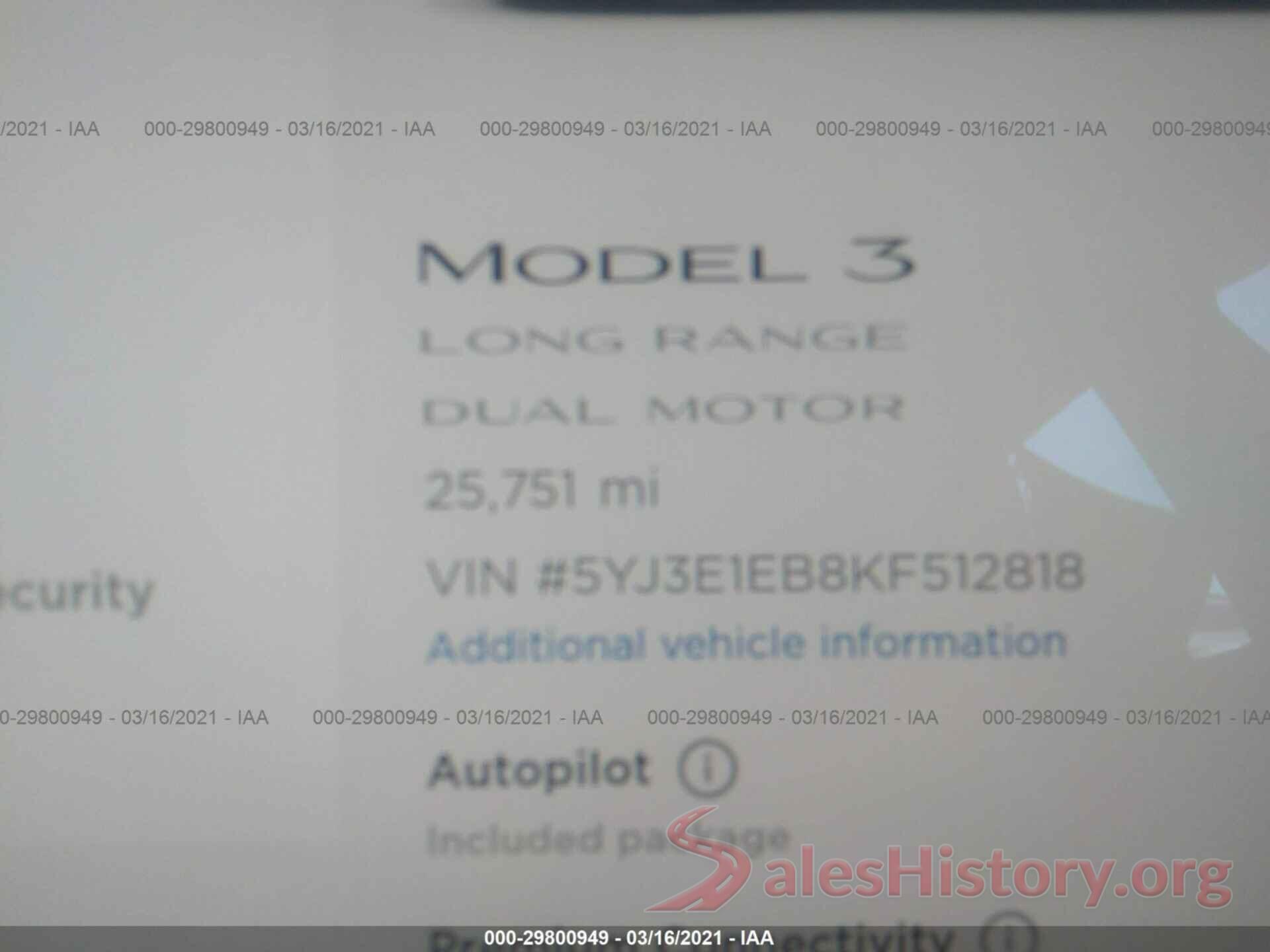 5YJ3E1EB8KF512818 2019 TESLA MODEL 3