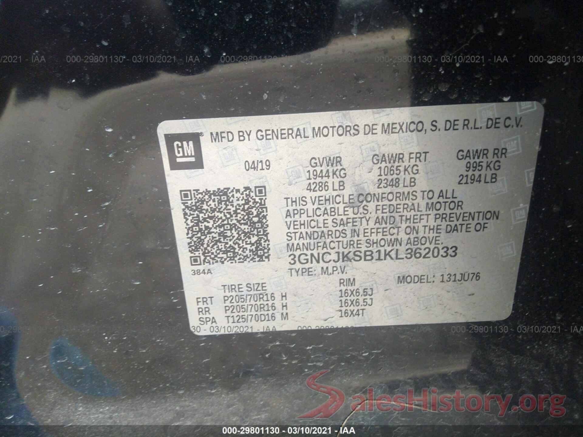 3GNCJKSB1KL362033 2019 CHEVROLET TRAX