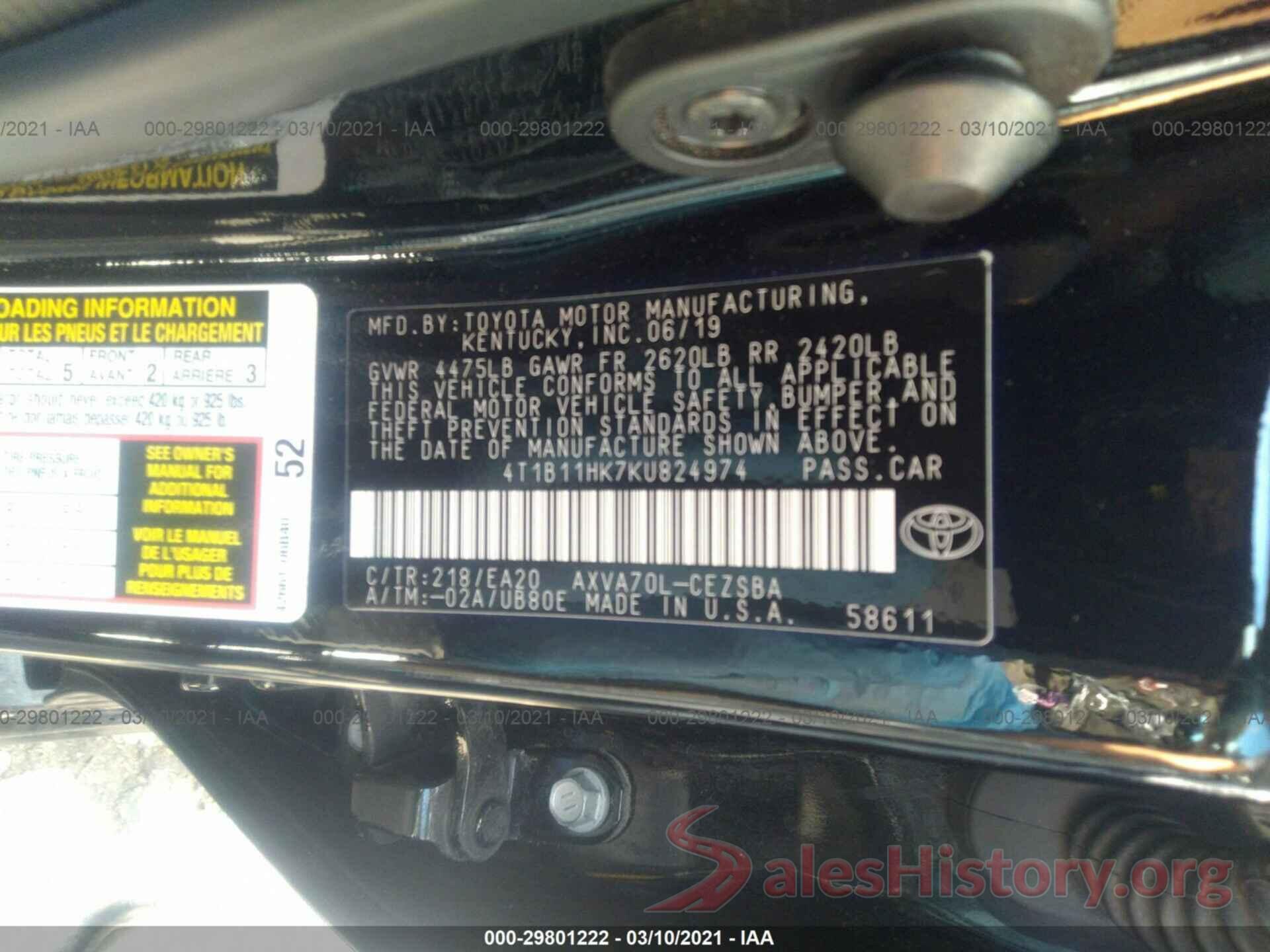 4T1B11HK7KU824974 2019 TOYOTA CAMRY