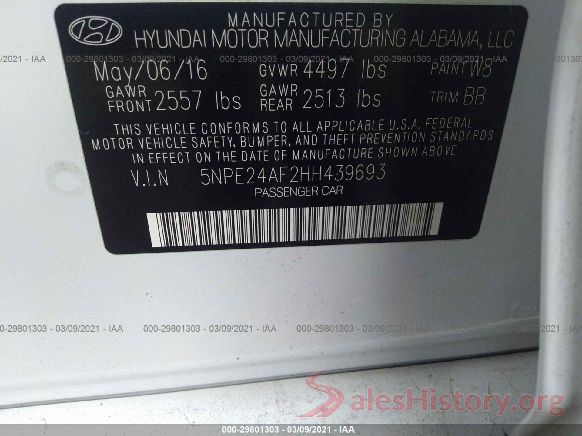 5NPE24AF2HH439693 2017 HYUNDAI SONATA