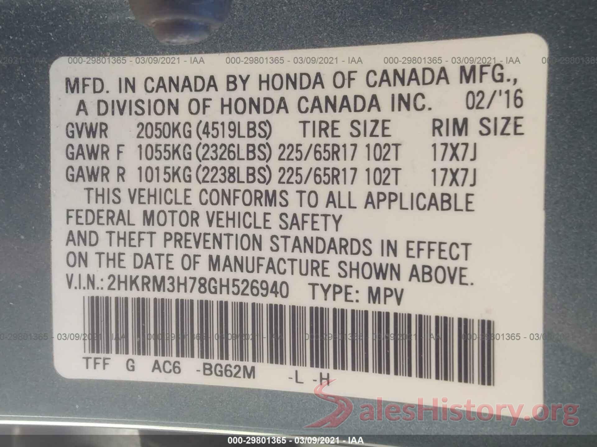 2HKRM3H78GH526940 2016 HONDA CR-V