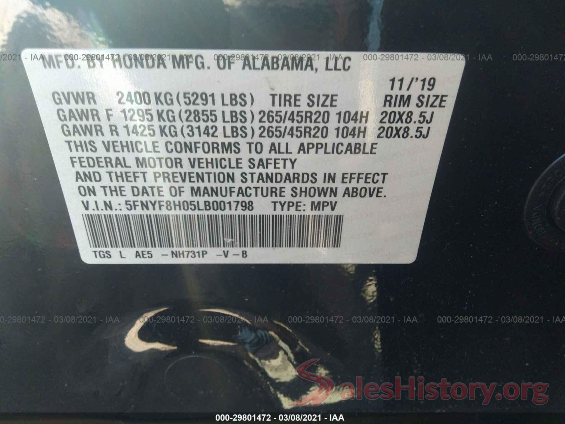 5FNYF8H05LB001798 2020 HONDA PASSPORT