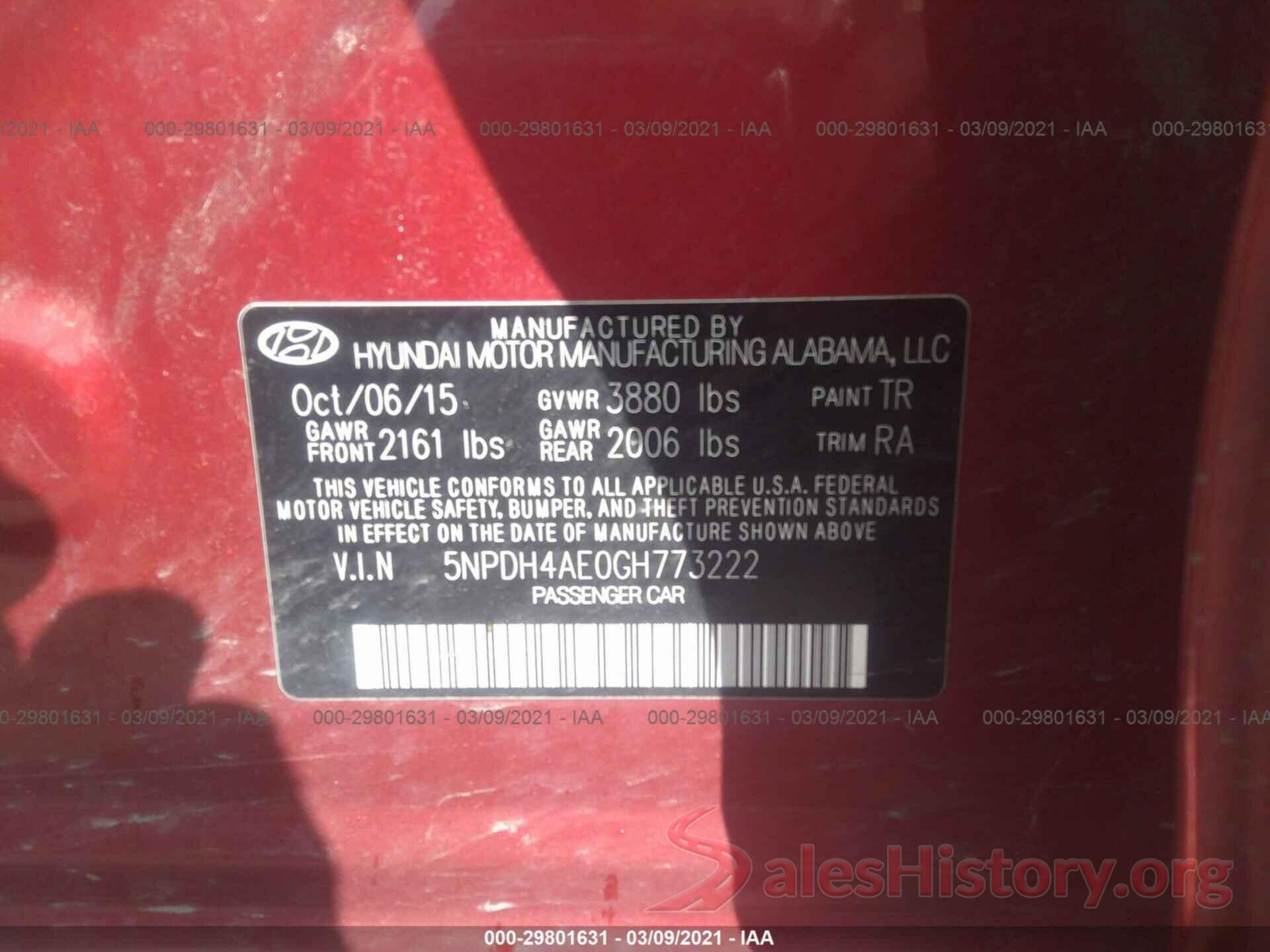 5NPDH4AE0GH773222 2016 HYUNDAI ELANTRA