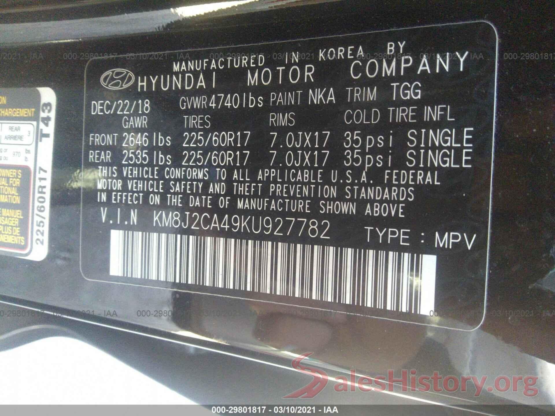 KM8J2CA49KU927782 2019 HYUNDAI TUCSON