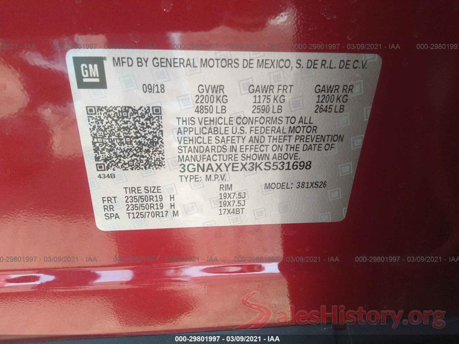 3GNAXYEX3KS531698 2019 CHEVROLET EQUINOX