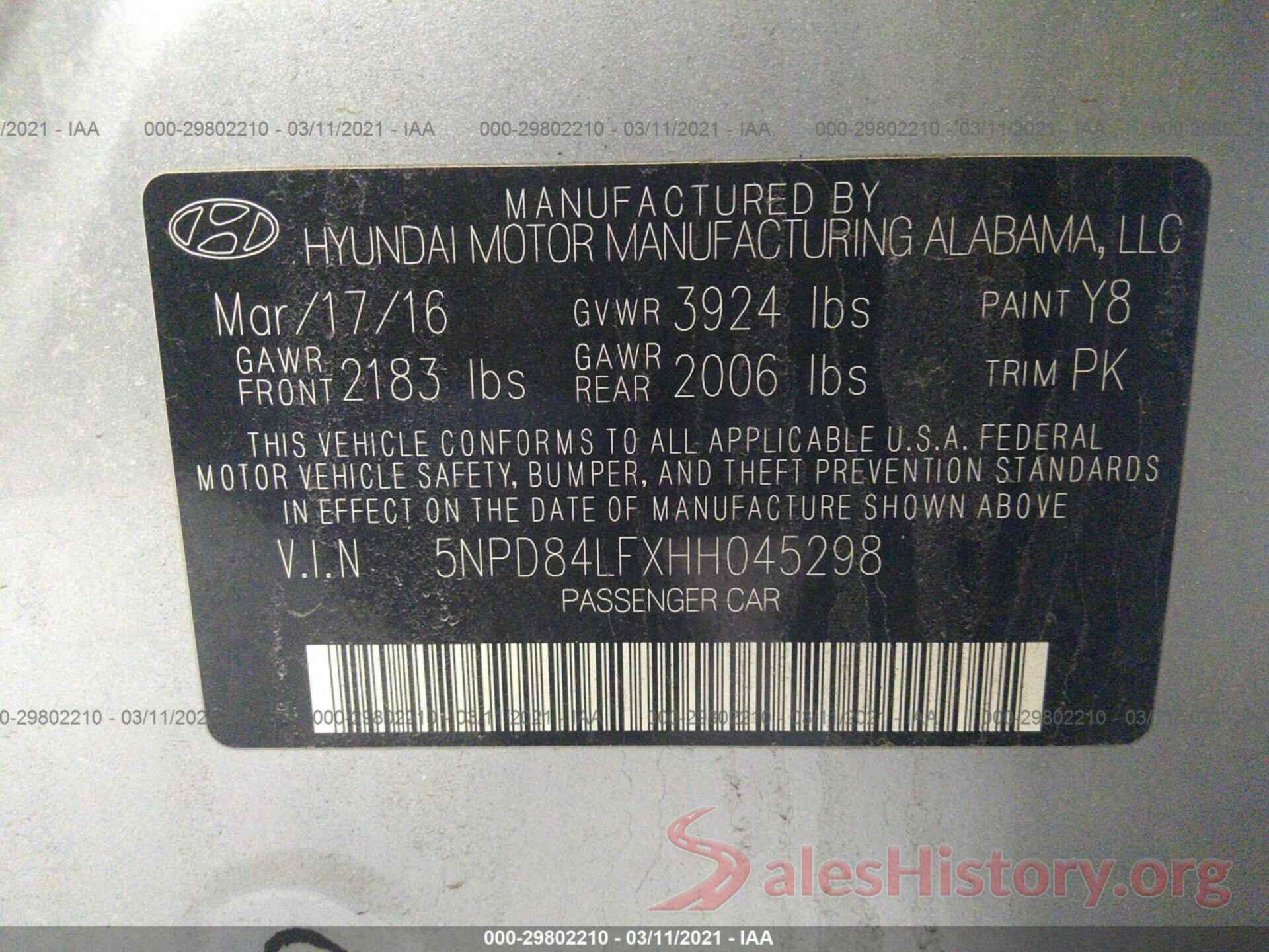 5NPD84LFXHH045298 2017 HYUNDAI ELANTRA