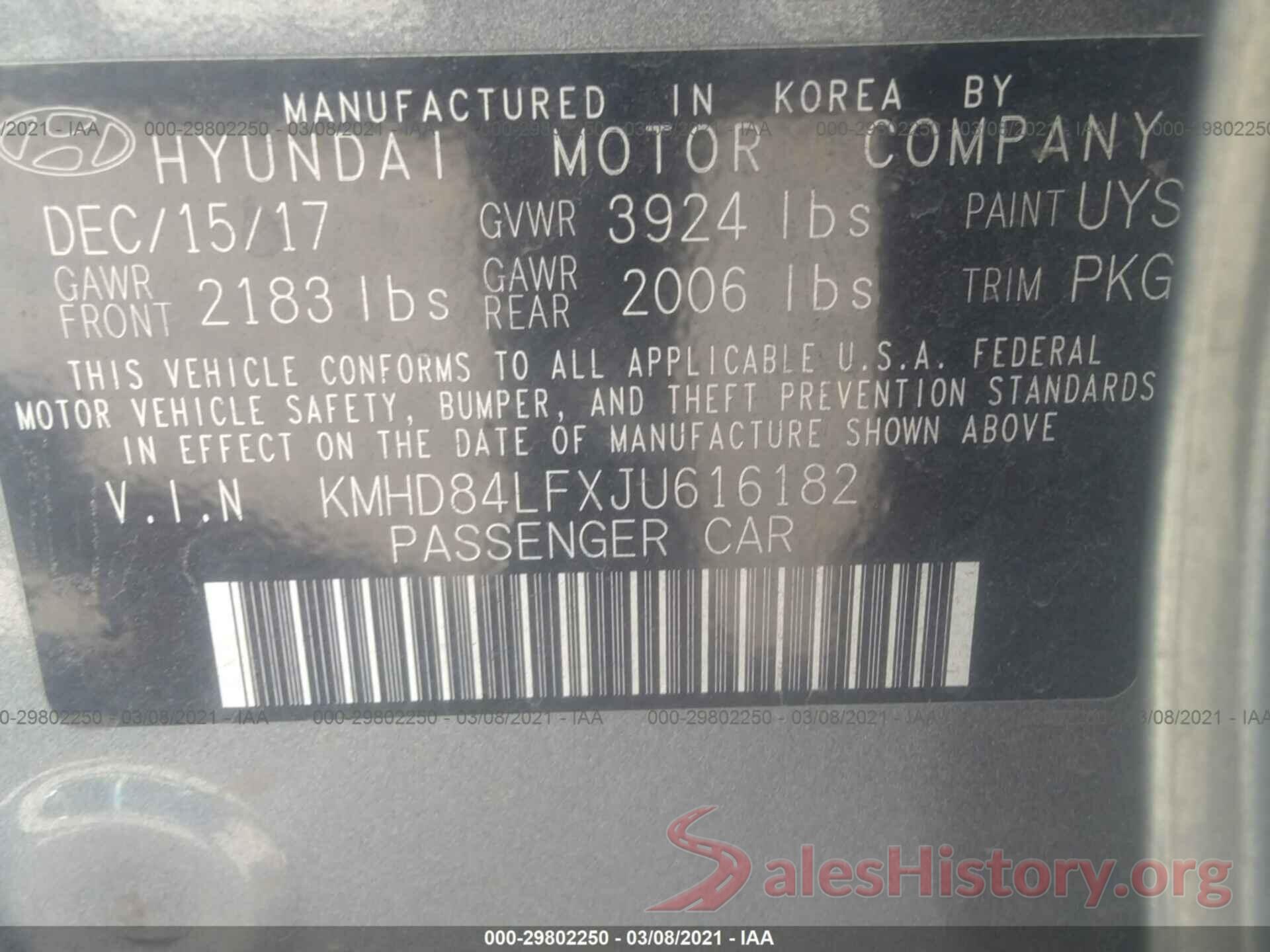 KMHD84LFXJU616182 2018 HYUNDAI ELANTRA