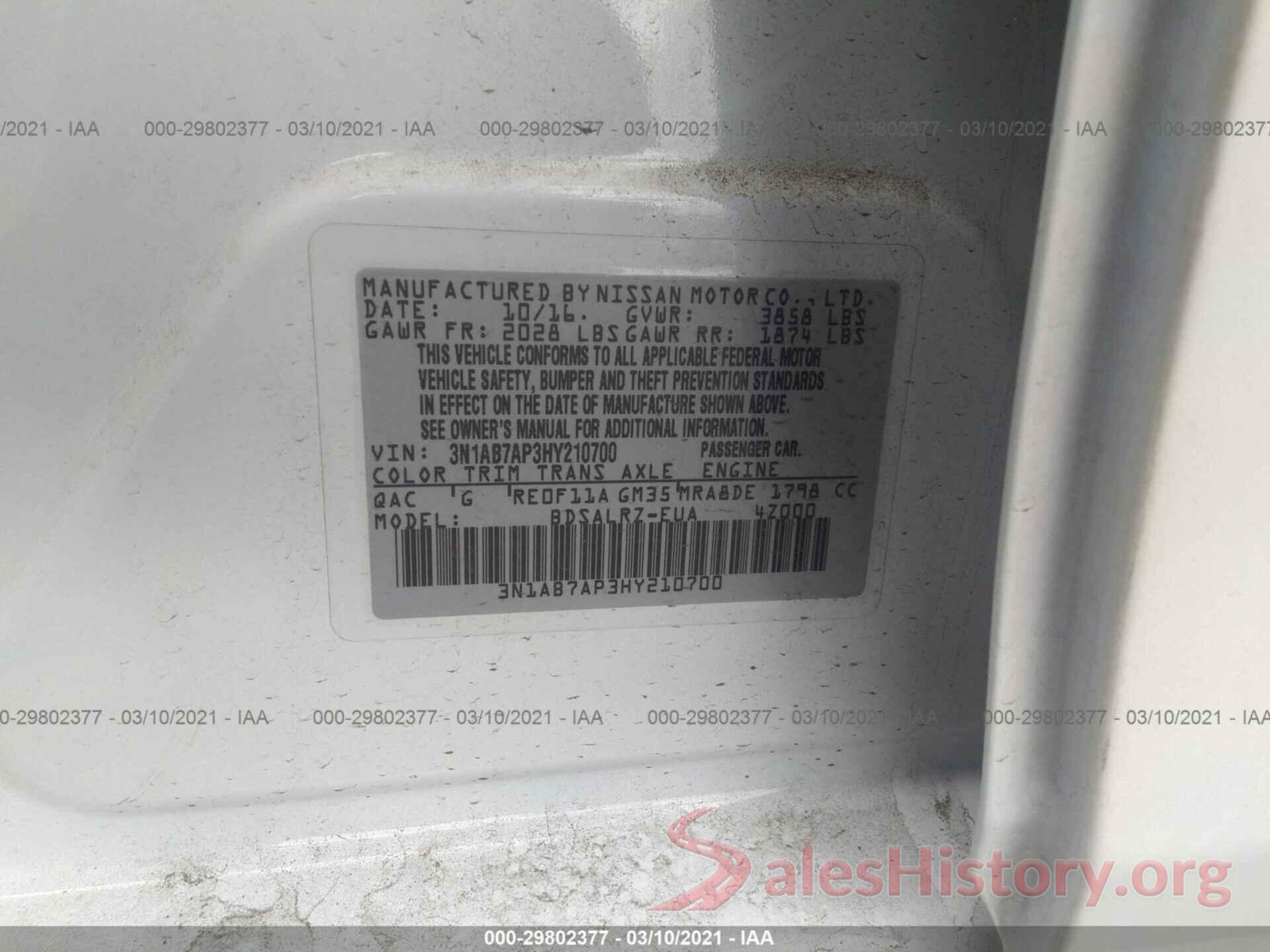 3N1AB7AP3HY210700 2017 NISSAN SENTRA