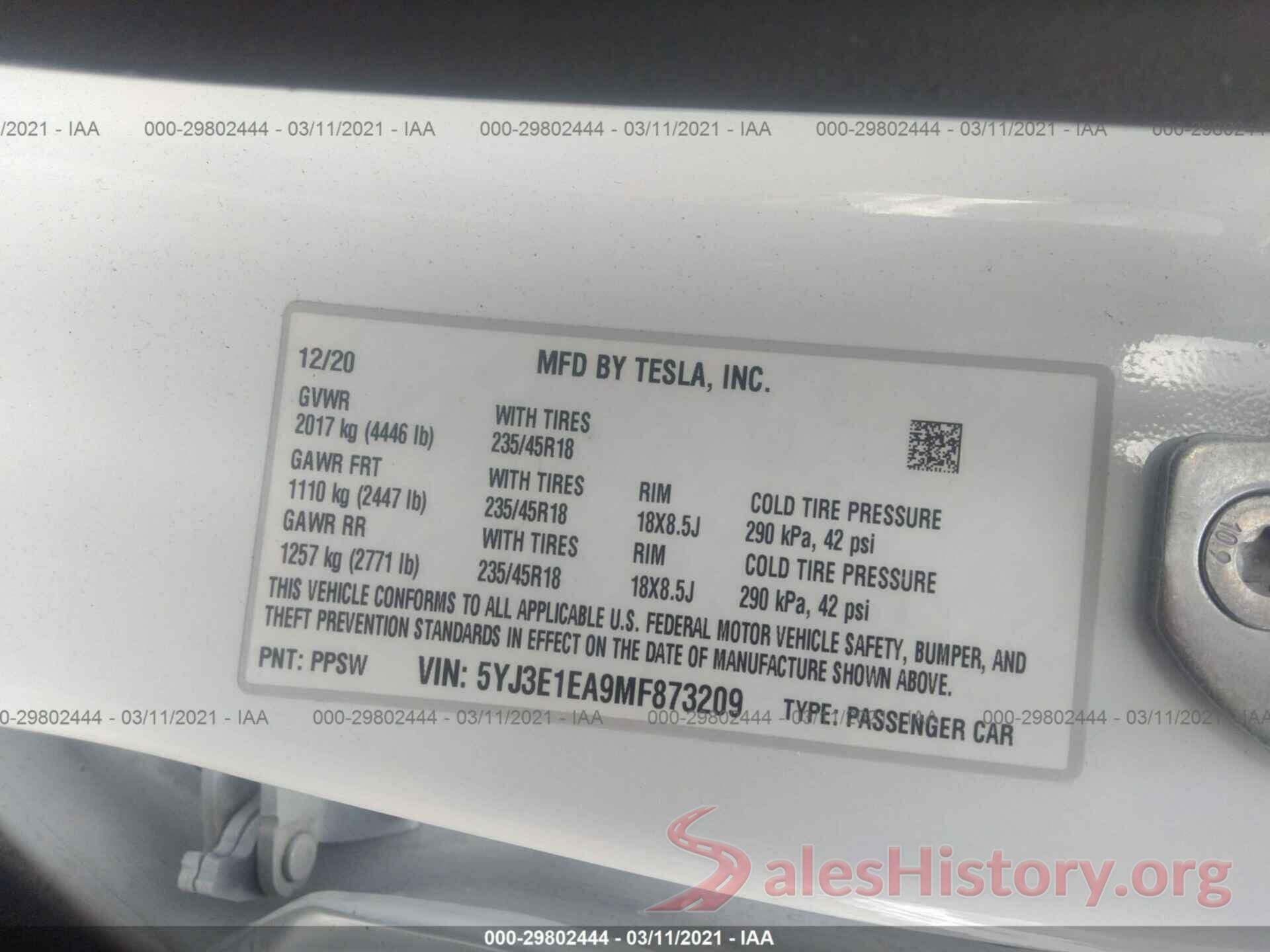 5YJ3E1EA9MF873209 2021 TESLA MODEL 3