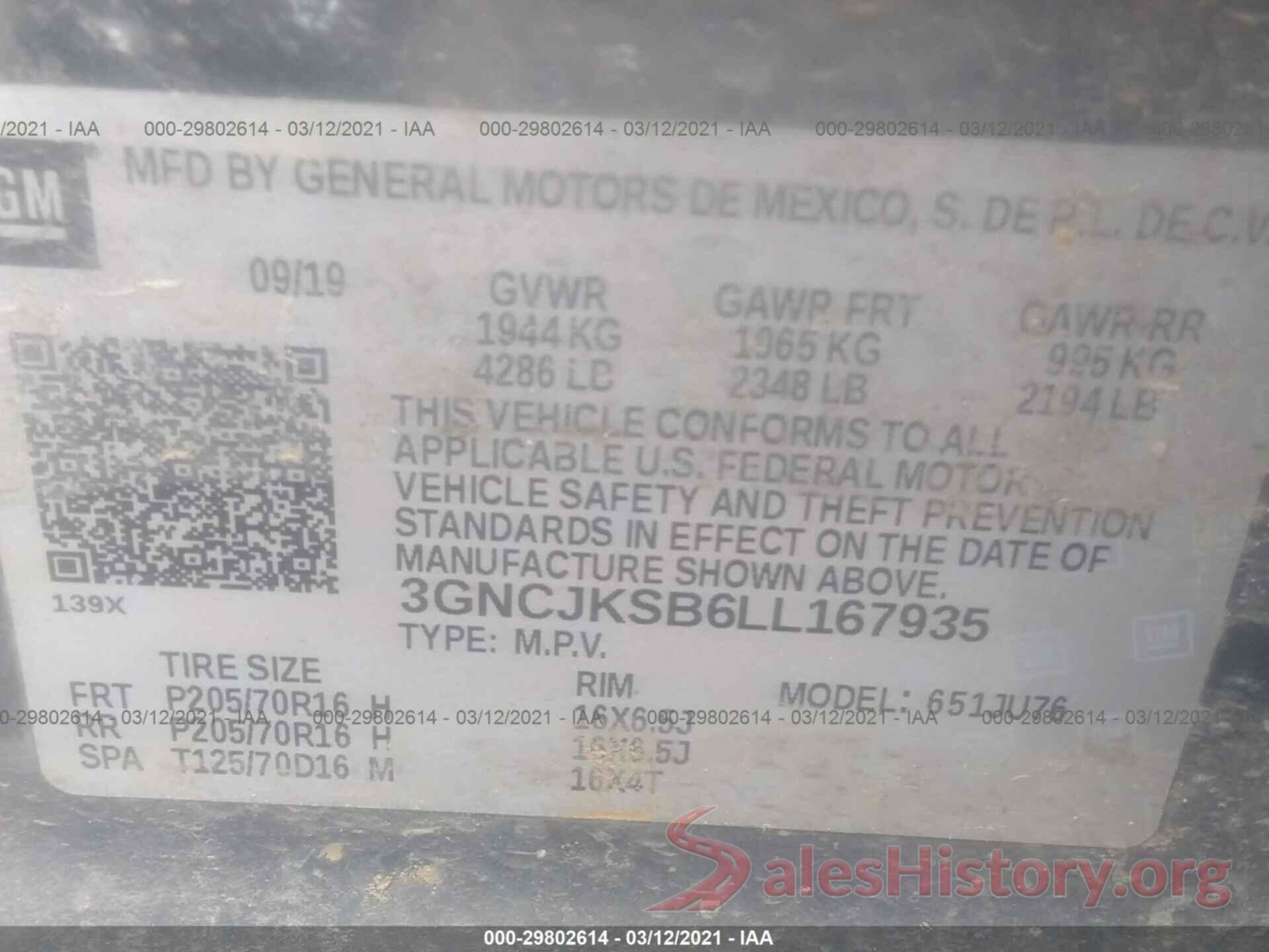 3GNCJKSB6LL167935 2020 CHEVROLET TRAX