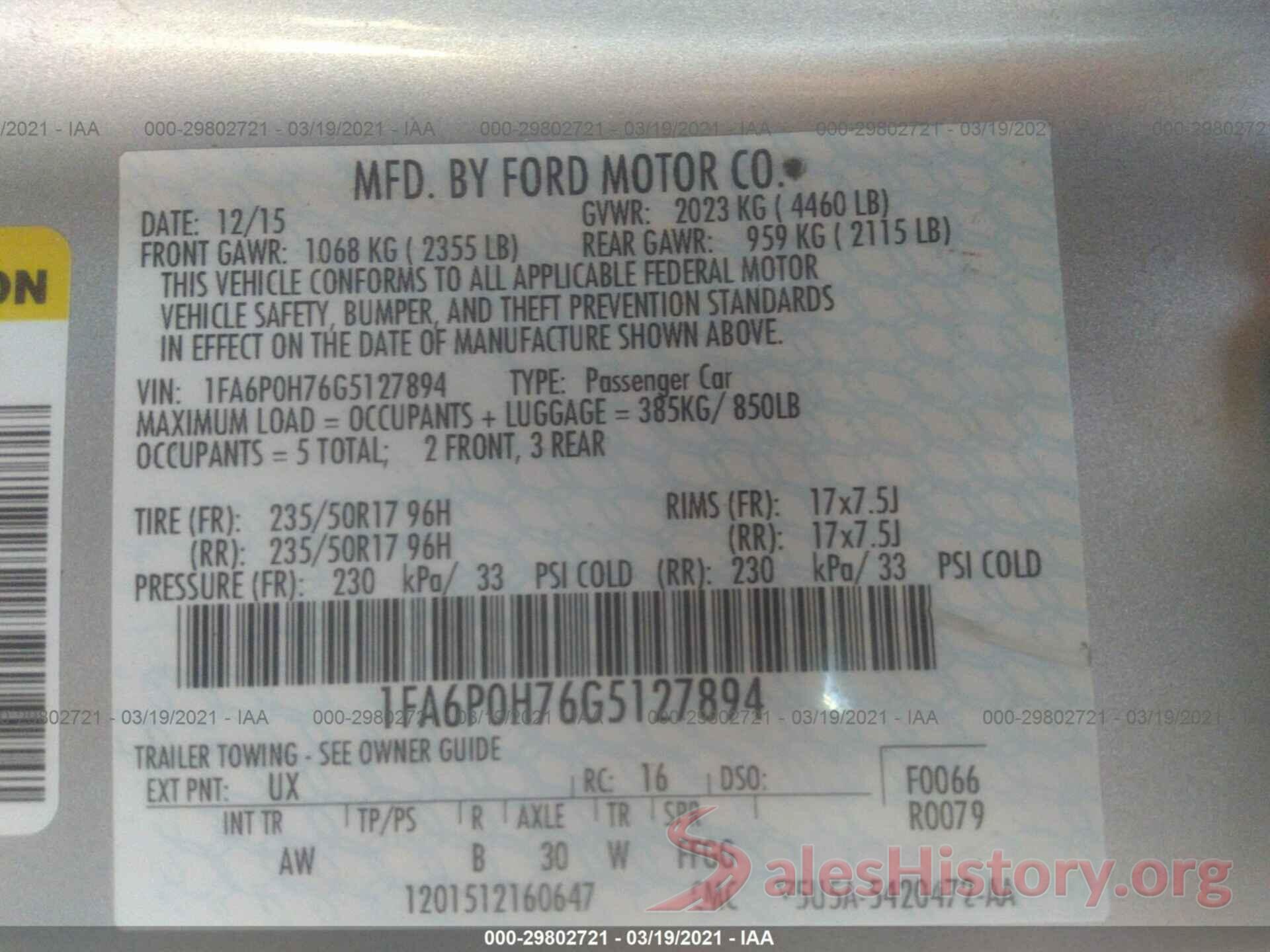 1FA6P0H76G5127894 2016 FORD FUSION