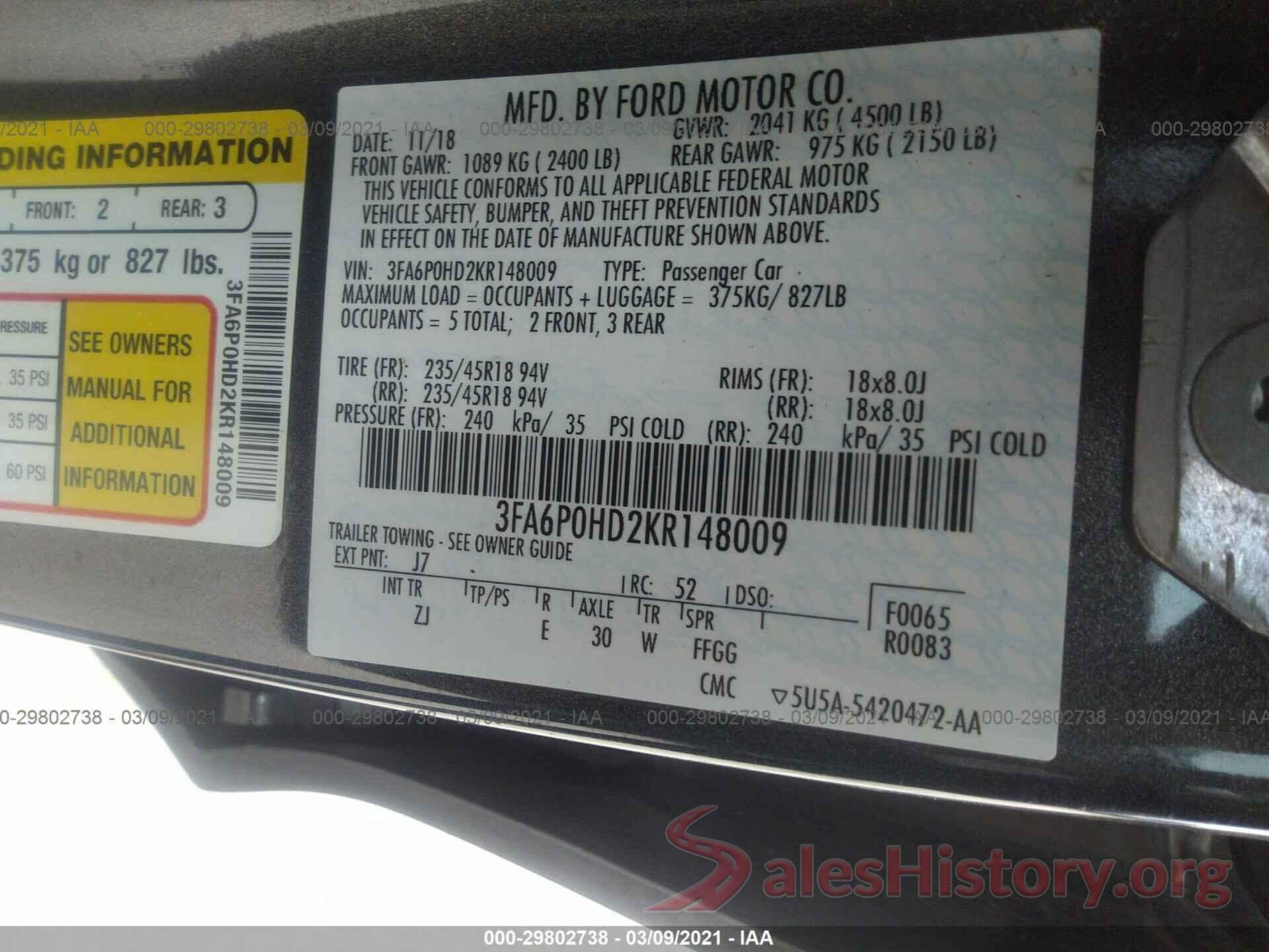 3FA6P0HD2KR148009 2019 FORD FUSION