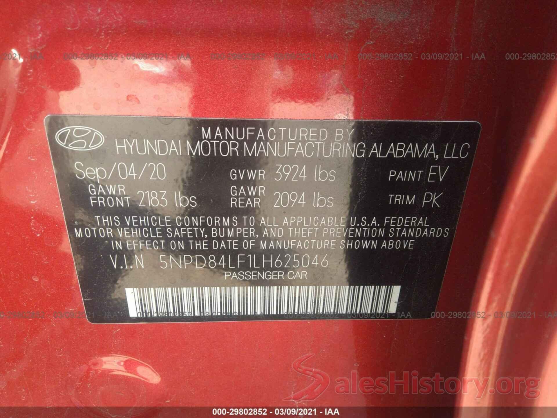 5NPD84LF1LH625046 2020 HYUNDAI ELANTRA