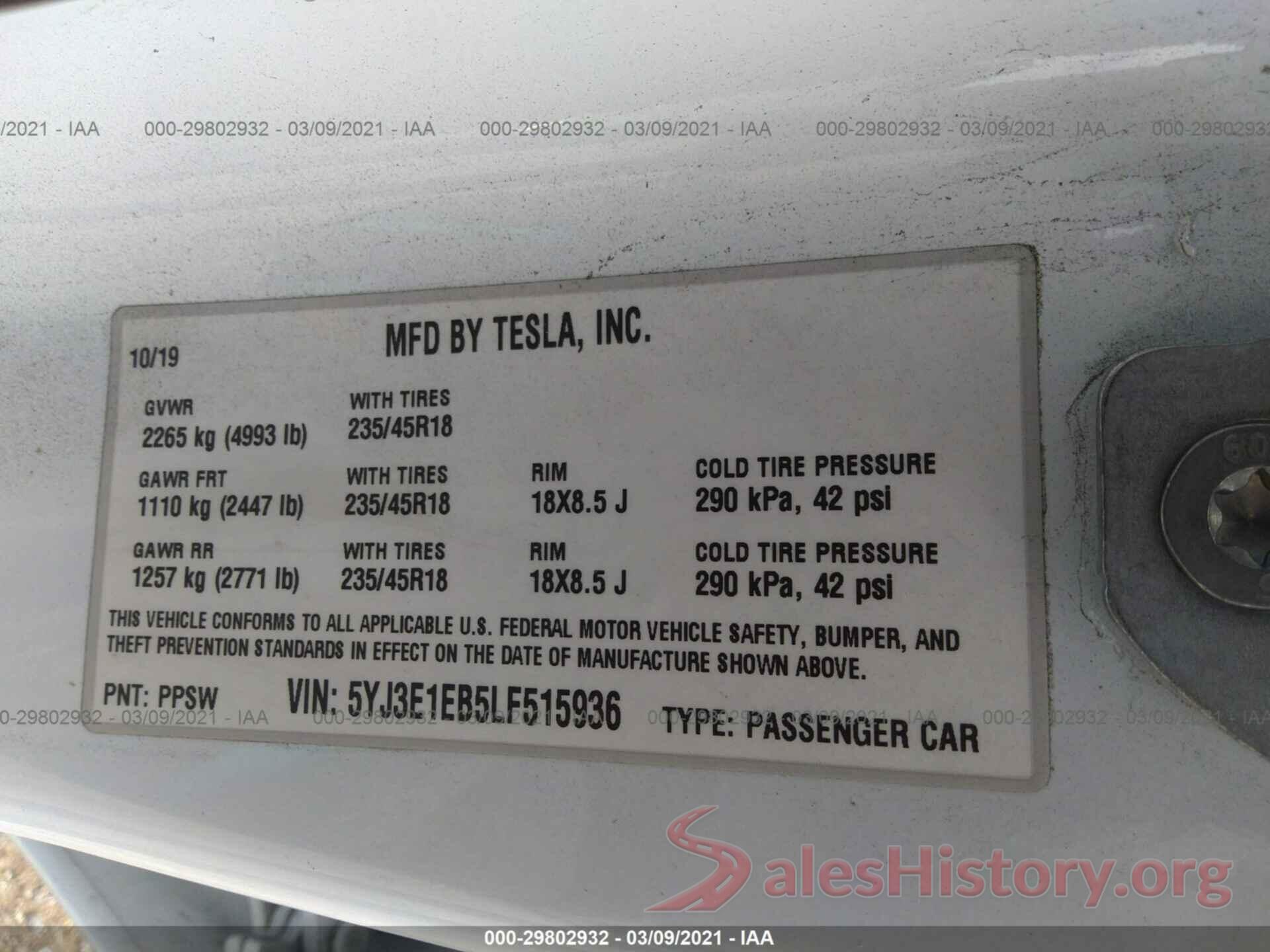 5YJ3E1EB5LF515936 2020 TESLA MODEL 3