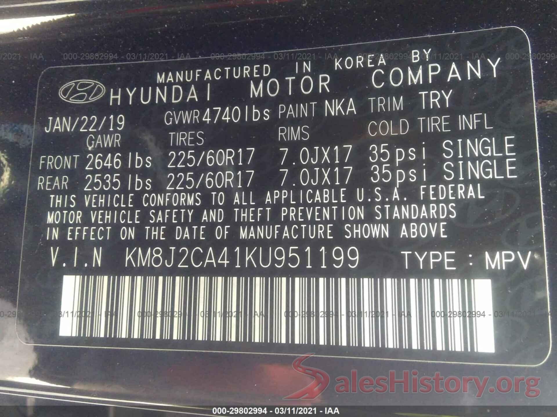 KM8J2CA41KU951199 2019 HYUNDAI TUCSON