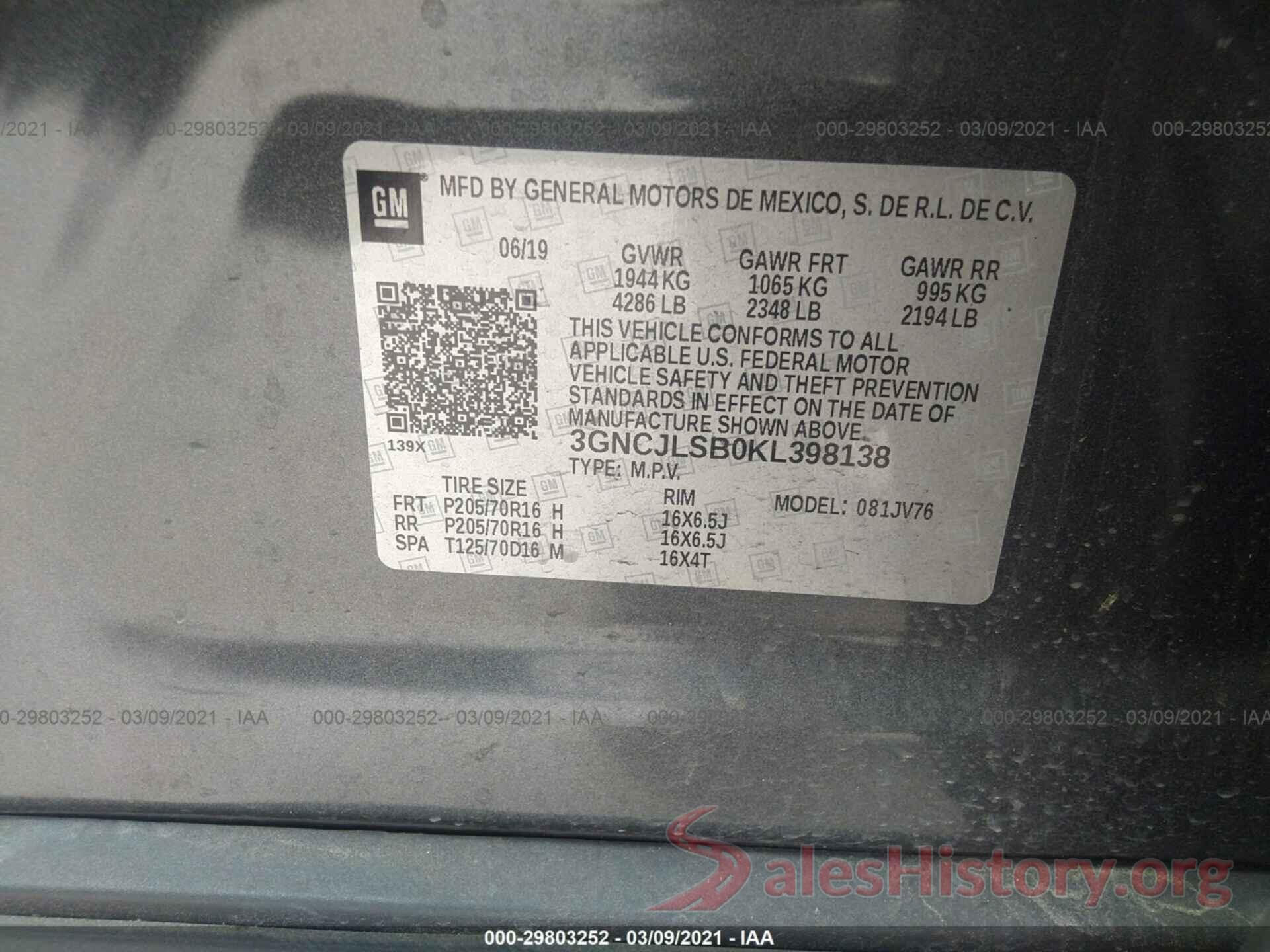 3GNCJLSB0KL398138 2019 CHEVROLET TRAX