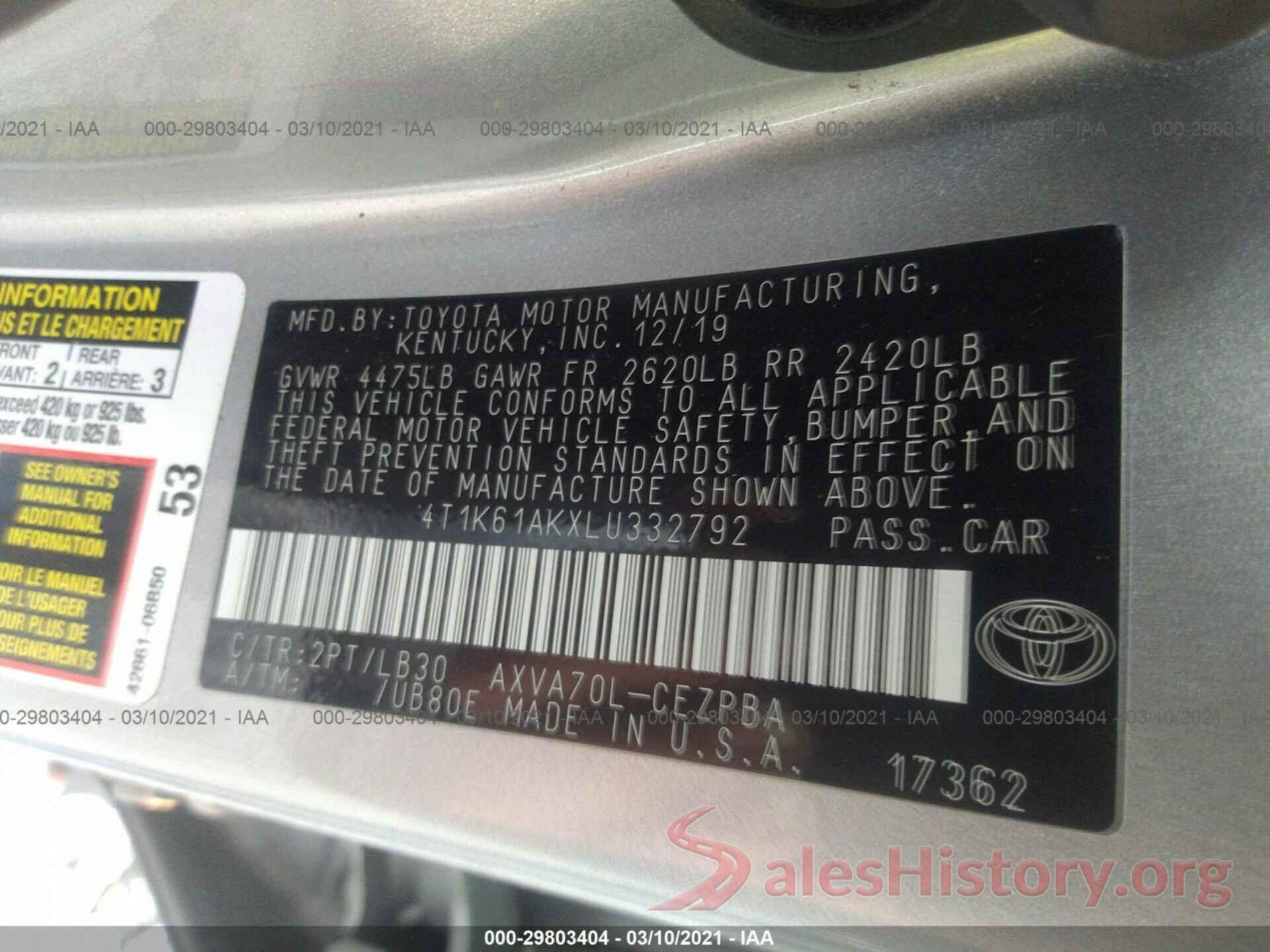 4T1K61AKXLU332792 2020 TOYOTA CAMRY